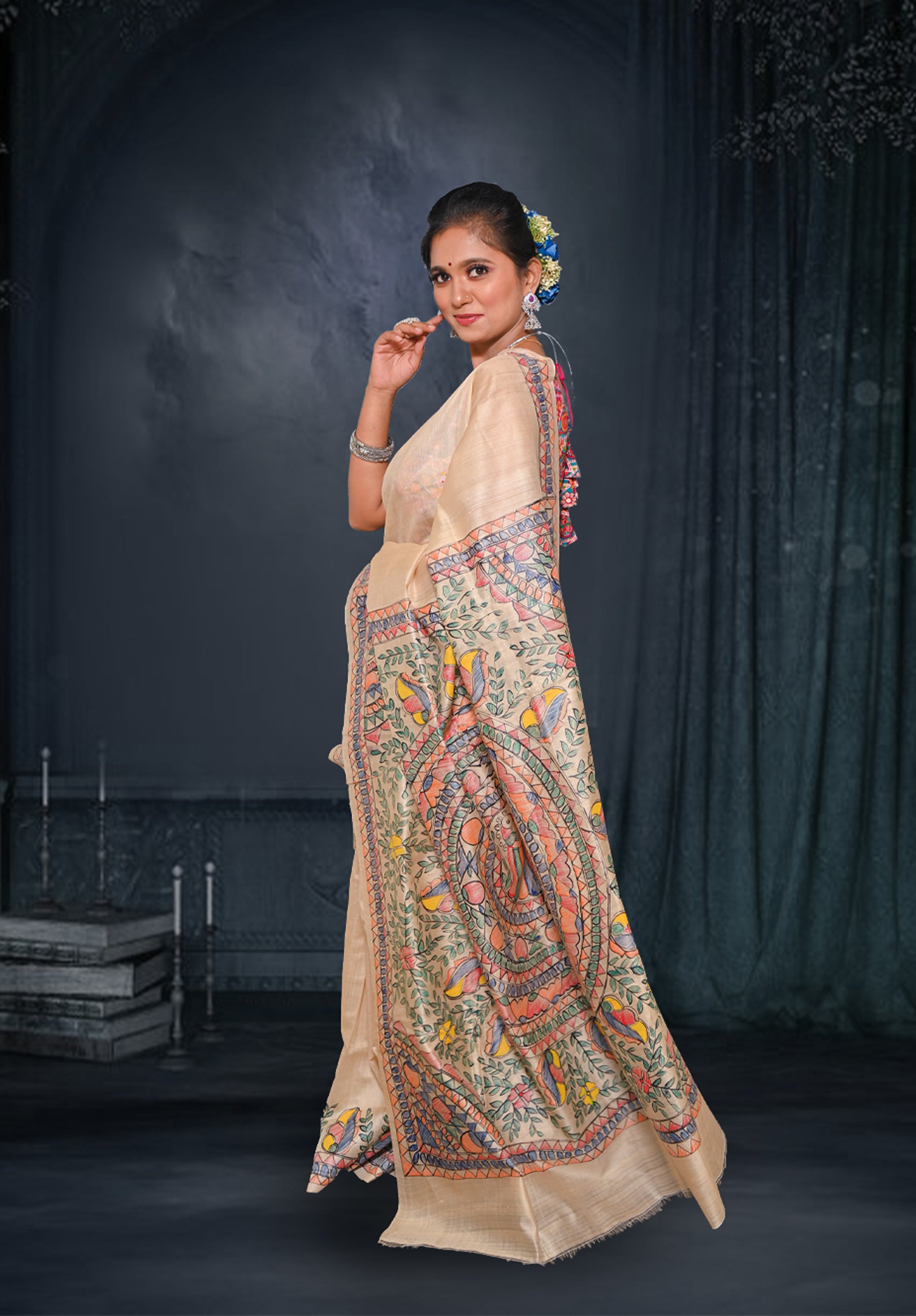 Pure Madhubani Saree With Blouse Piece – Cream
