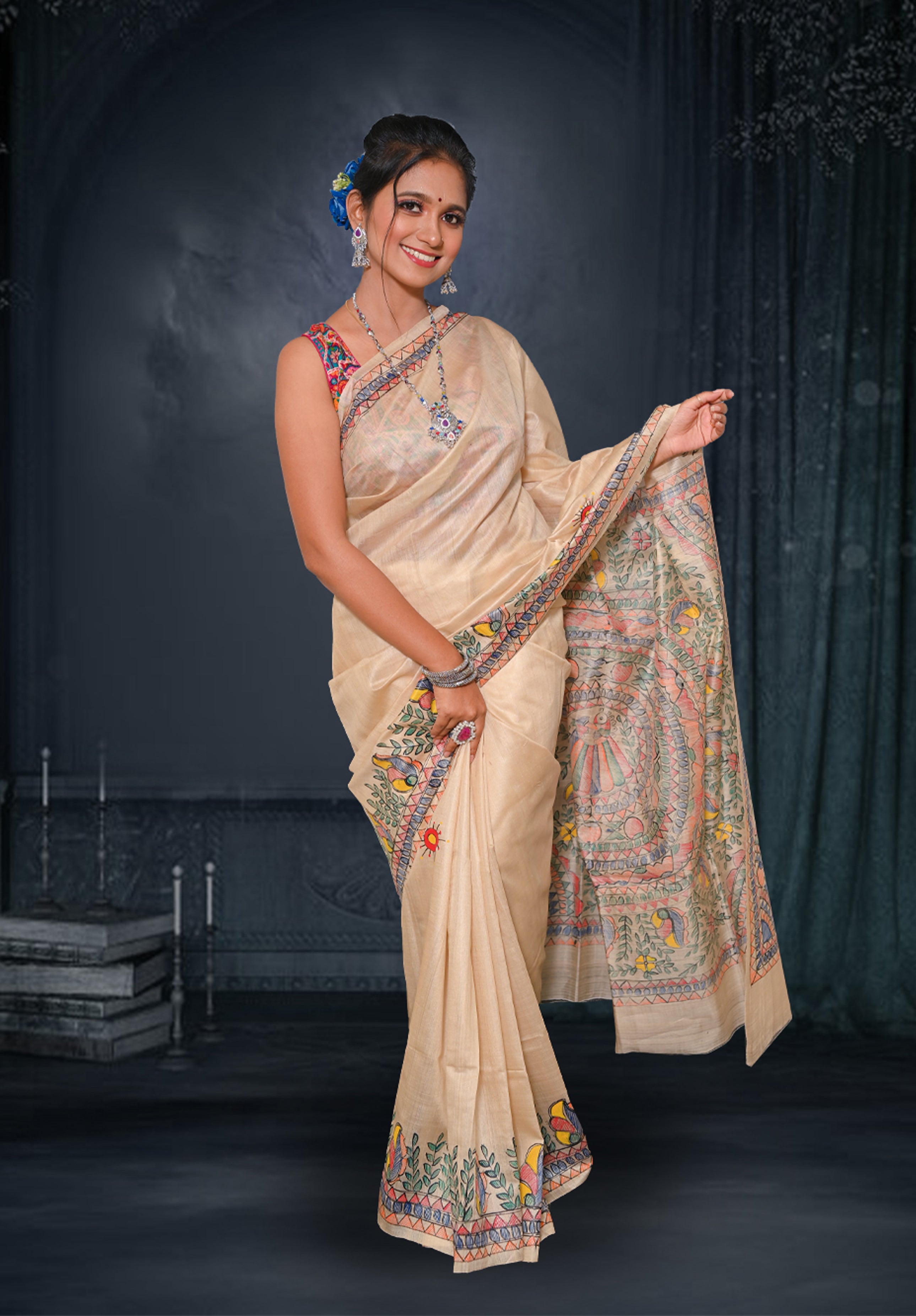 Pure Madhubani Saree With Blouse Piece – Cream