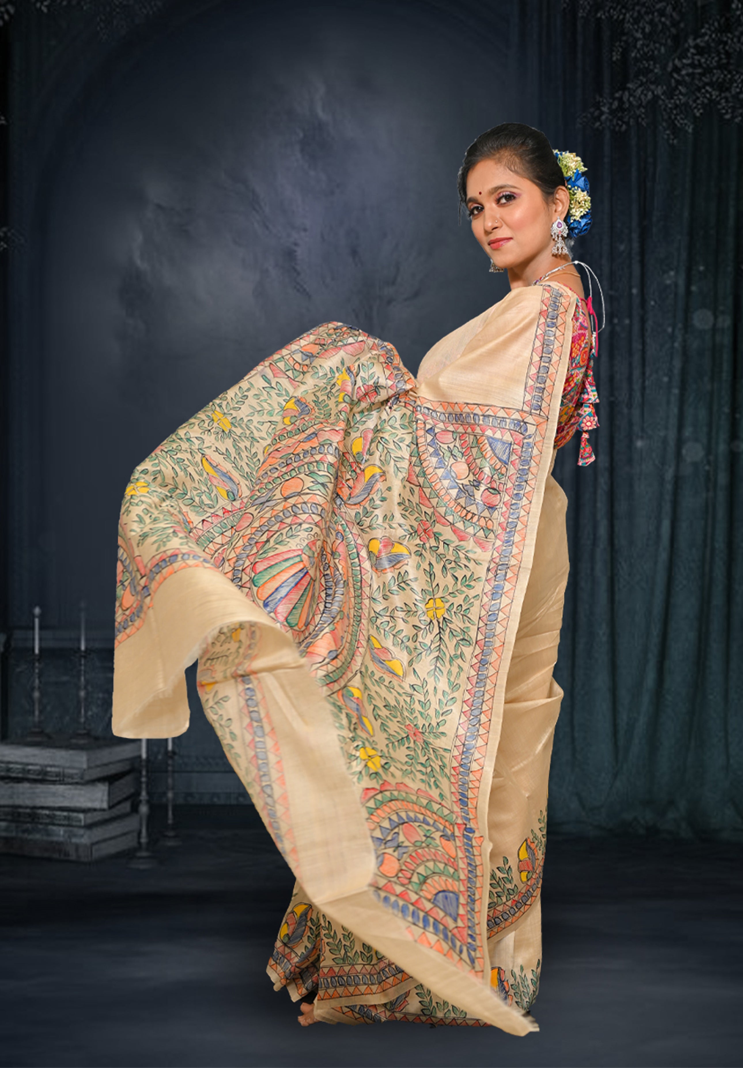 Pure Madhubani Saree With Blouse Piece – Cream