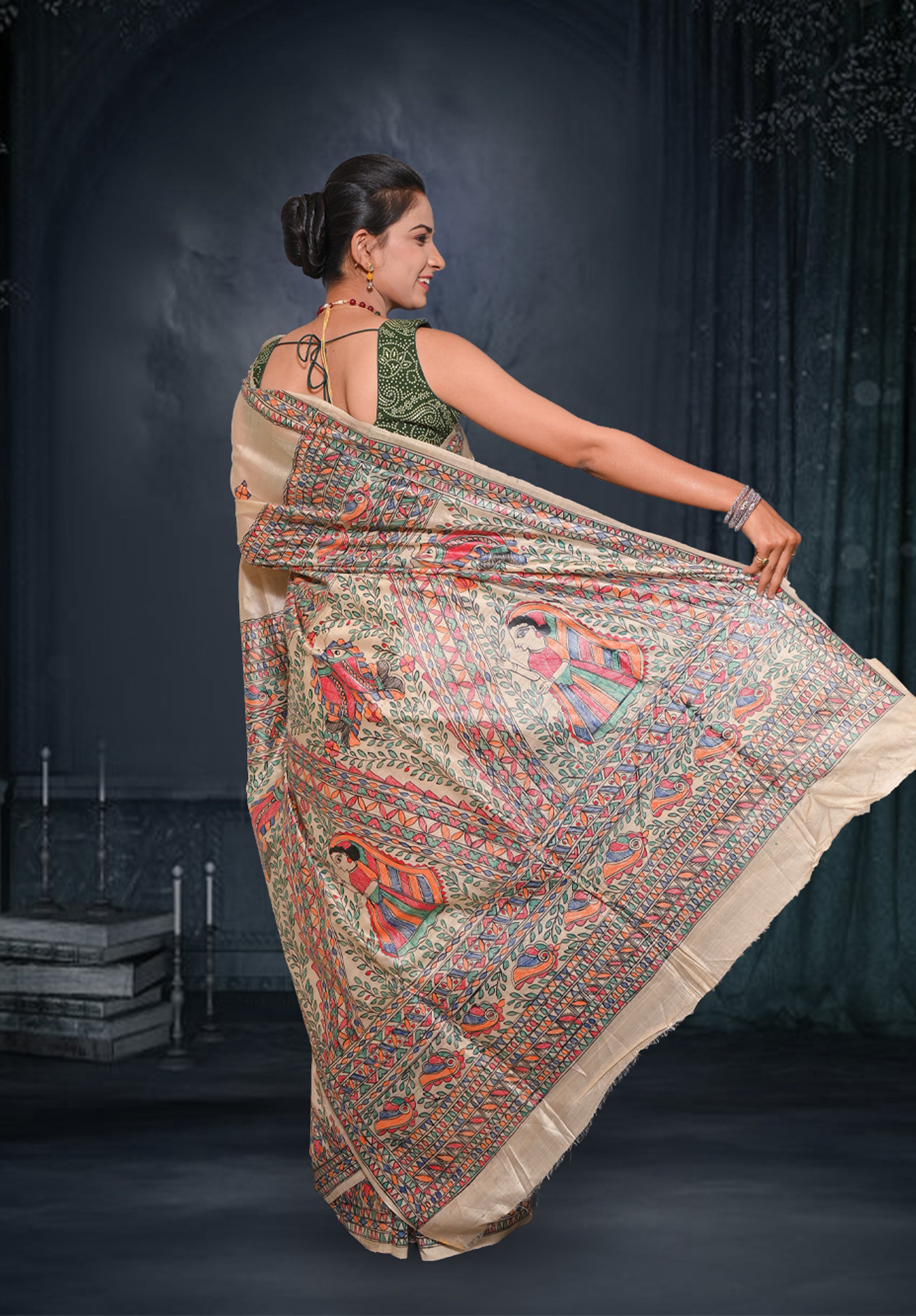 Pure Madhubani Saree With Blouse Piece – Cream