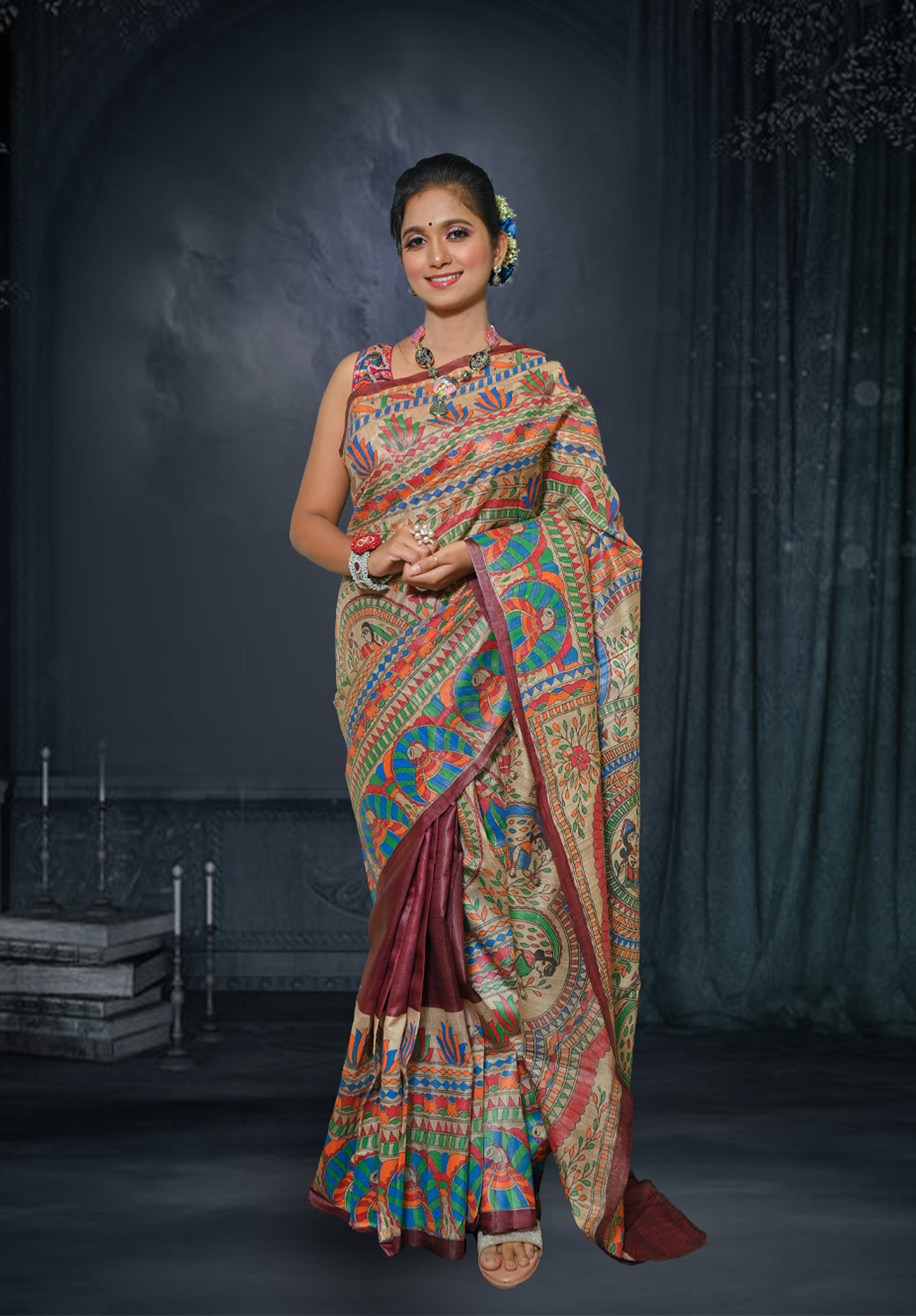 Pure Madhubani Saree With Blouse Piece – Brown