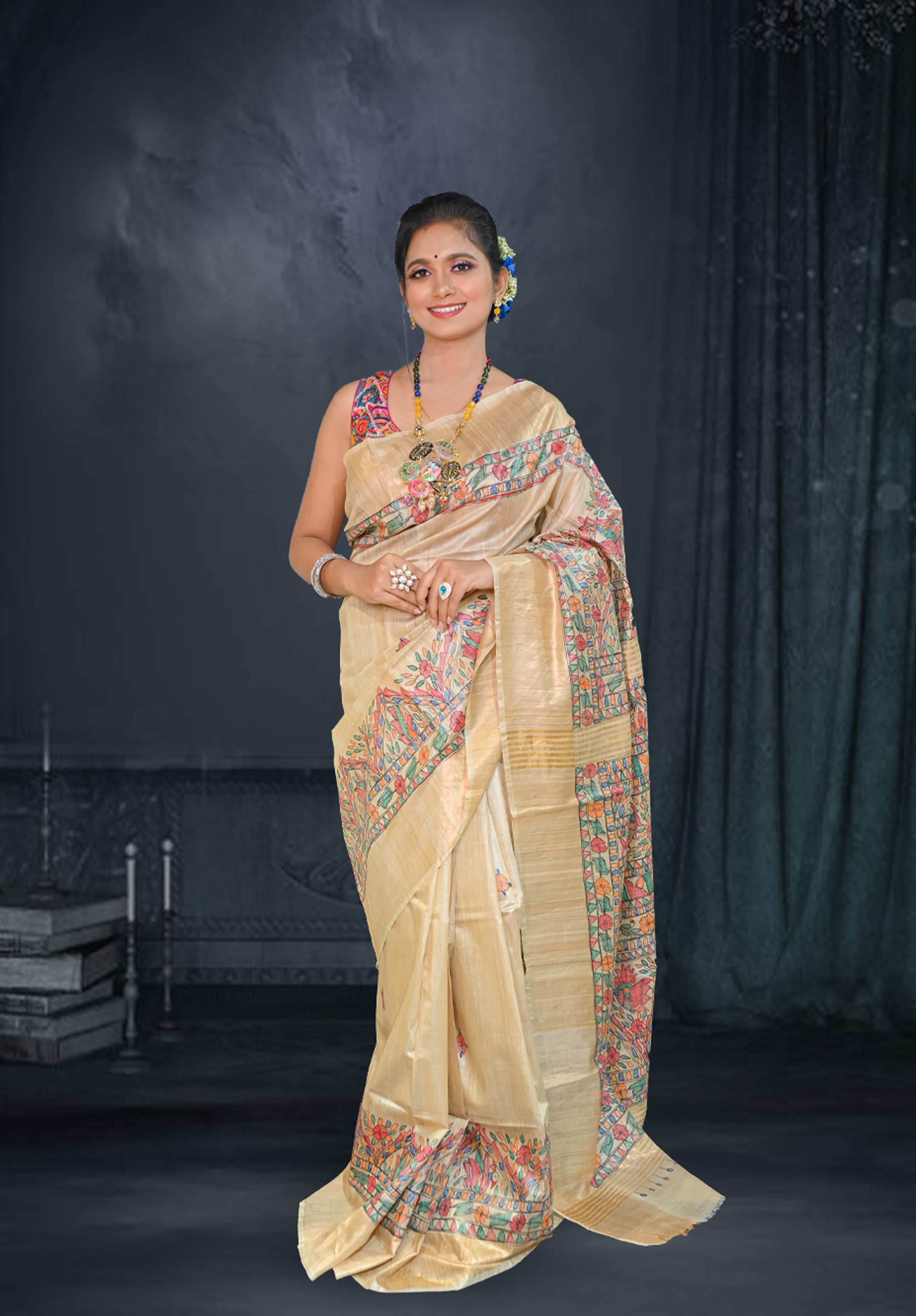 Pure Madhubani Saree With Blouse Piece – Cream