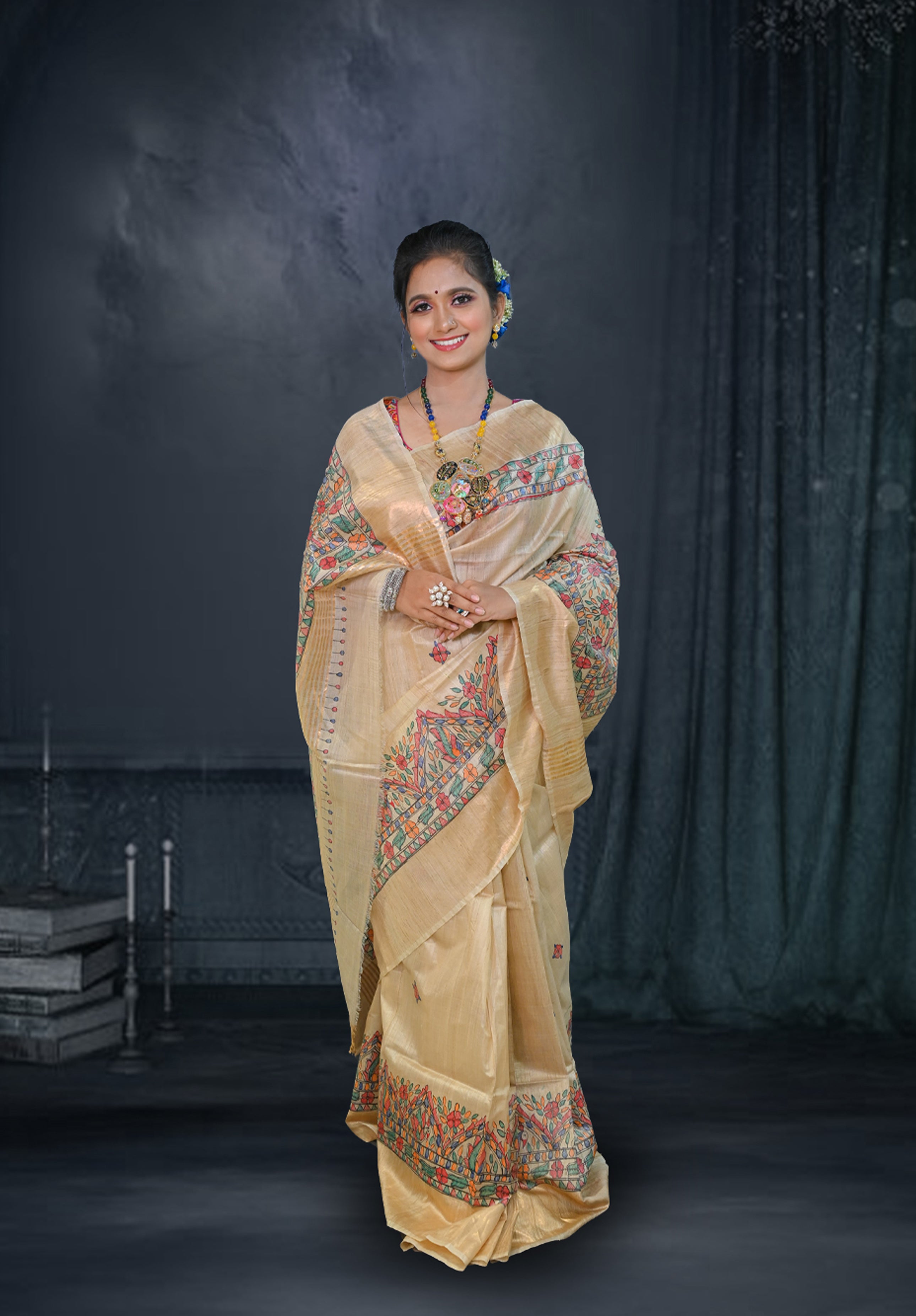 Pure Madhubani Saree With Blouse Piece – Cream