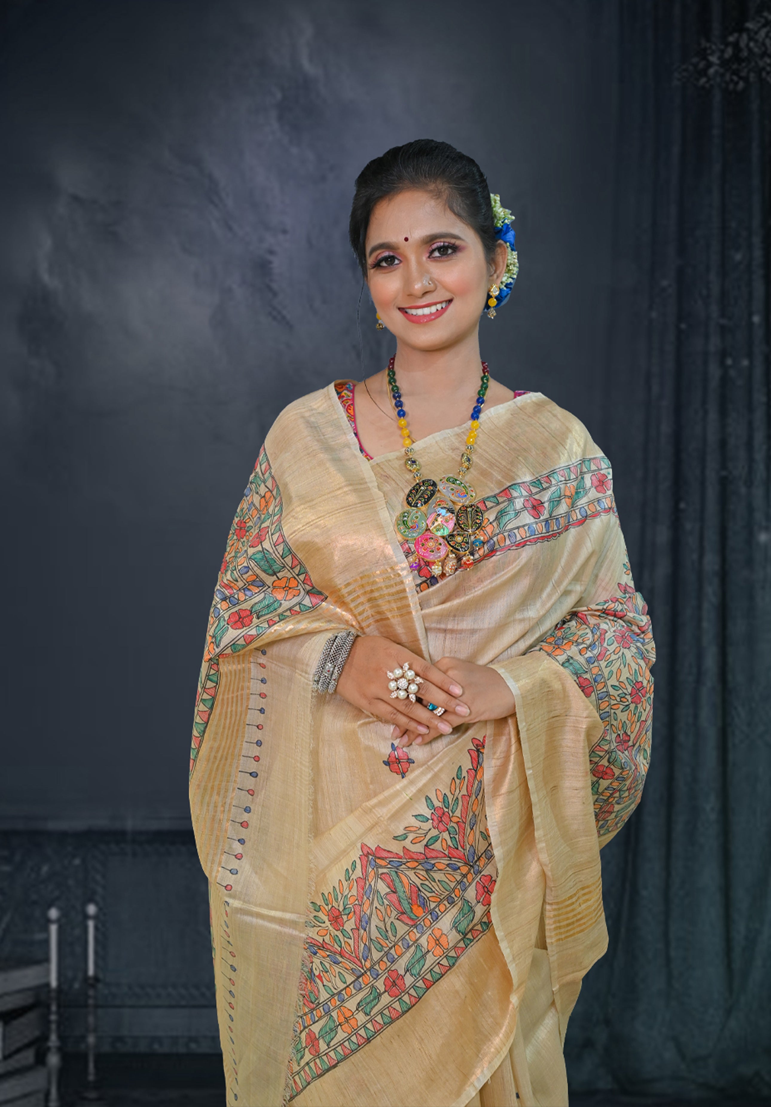 Pure Madhubani Saree With Blouse Piece – Cream