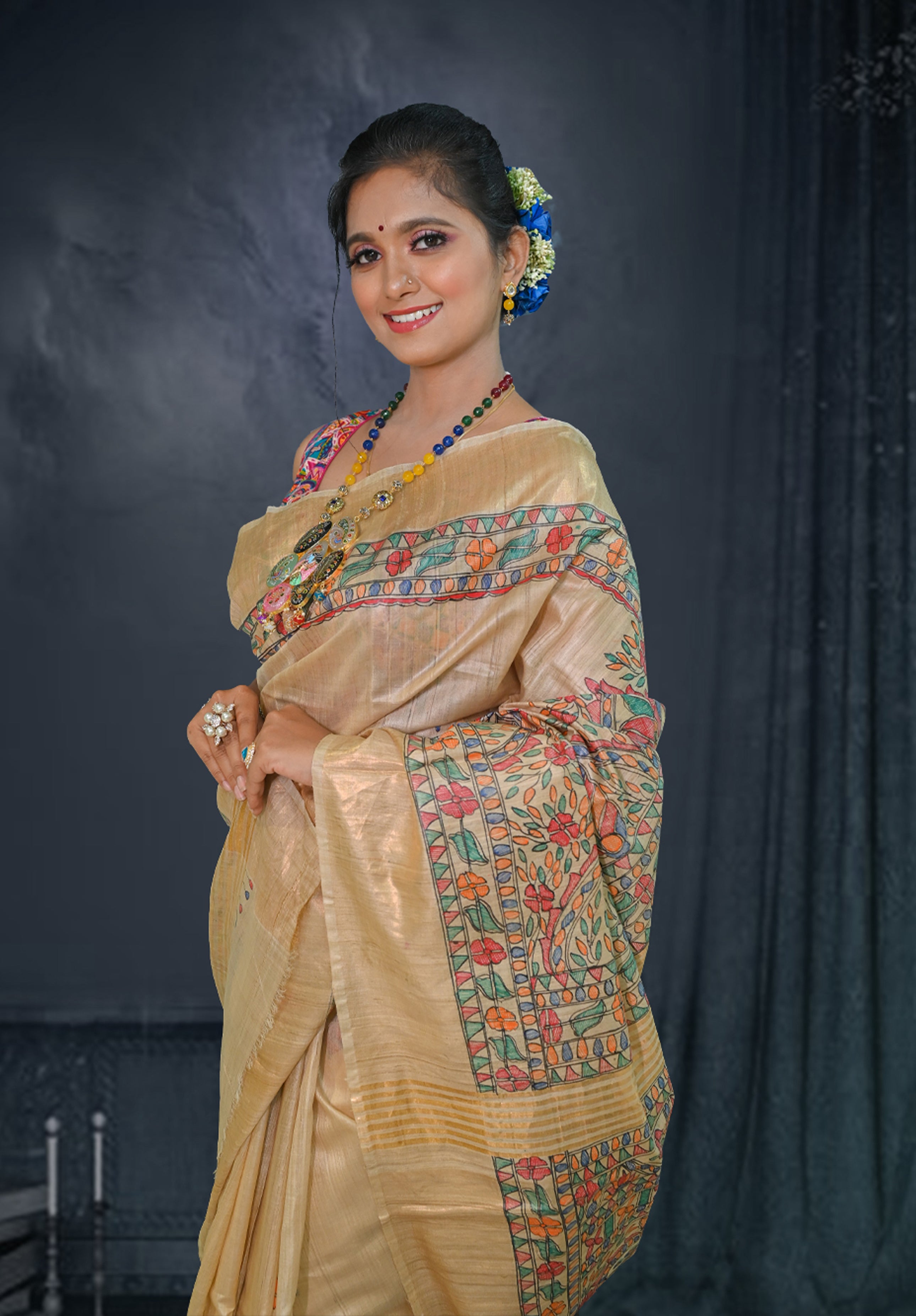 Pure Madhubani Saree With Blouse Piece – Cream