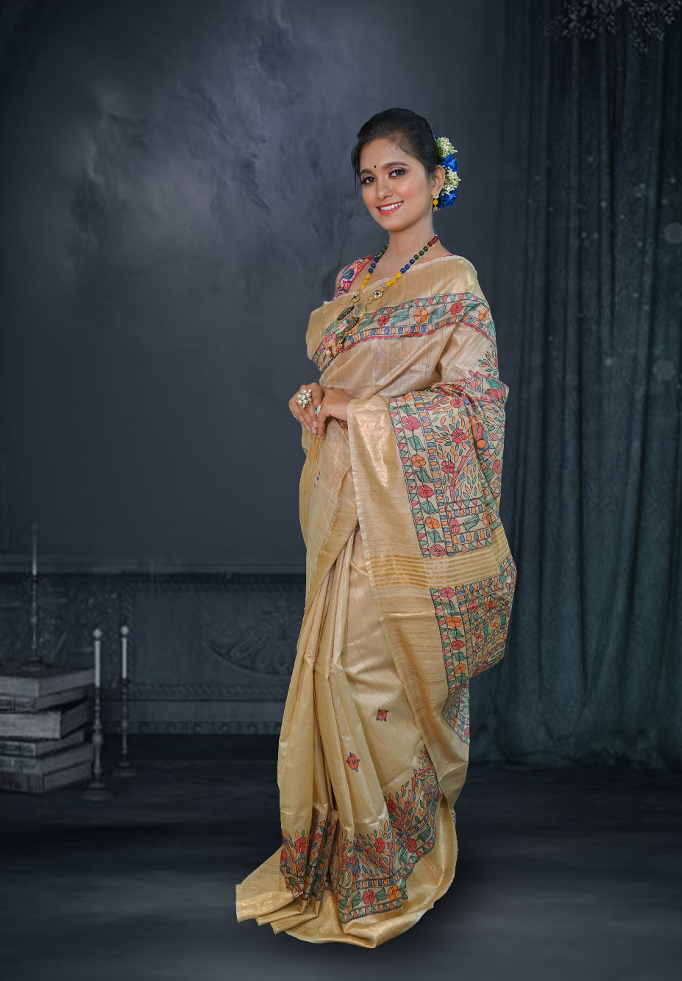 Pure Madhubani Saree With Blouse Piece – Cream
