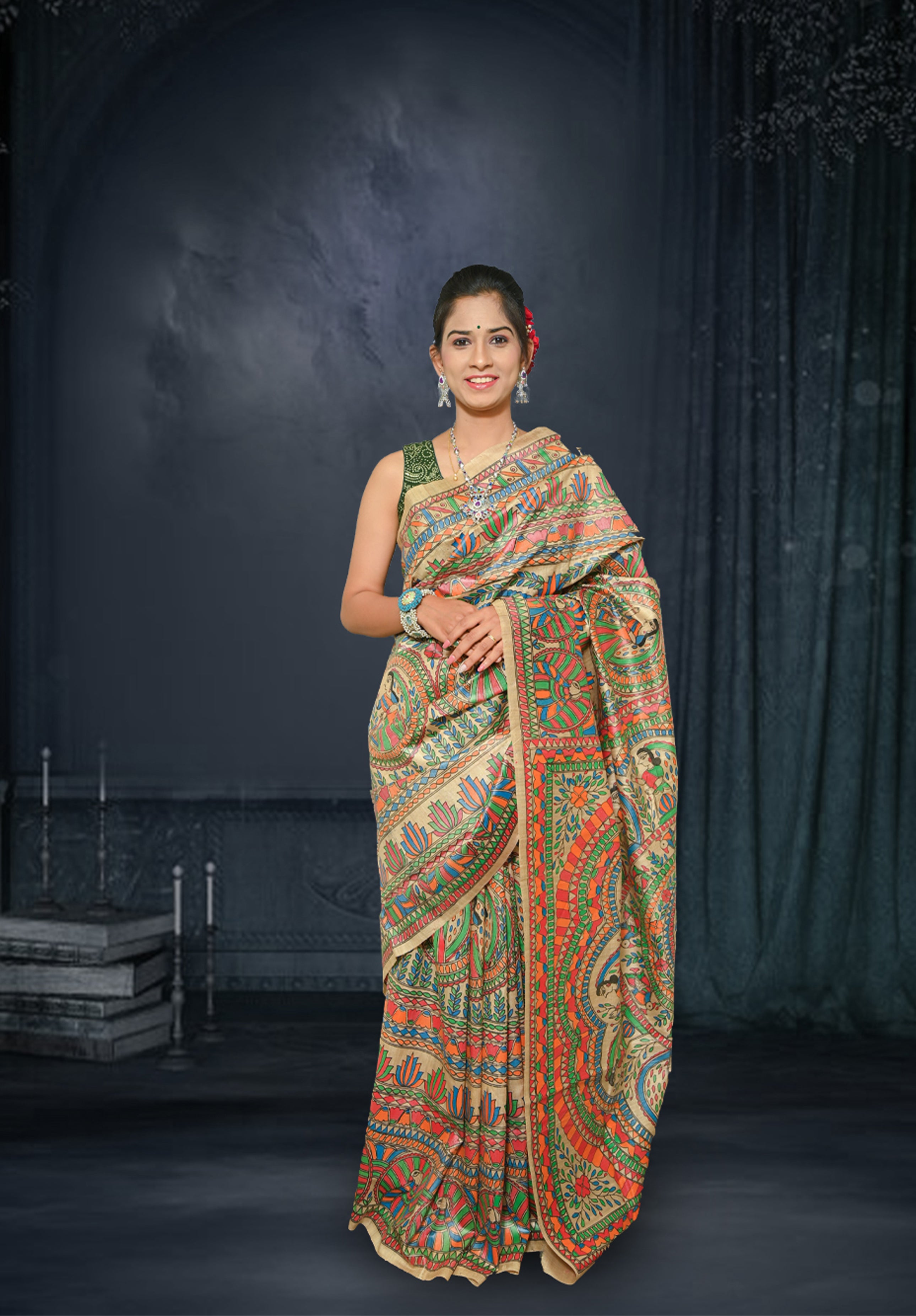 Pure Madhubani Saree With Blouse Piece – Cream