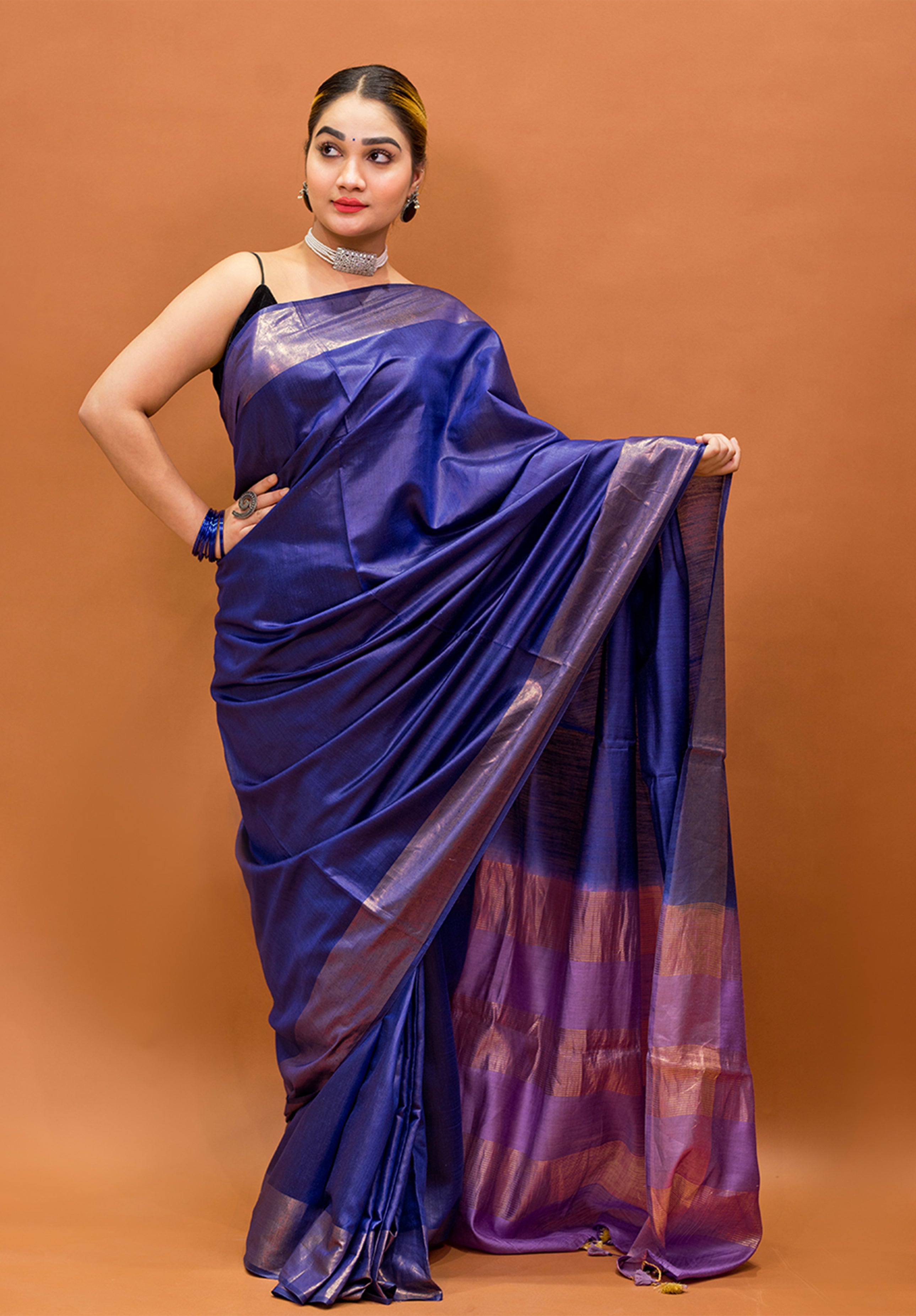 Women’s Woven Design Pure Muga Silk Saree With Blouse Piece- Royal blue