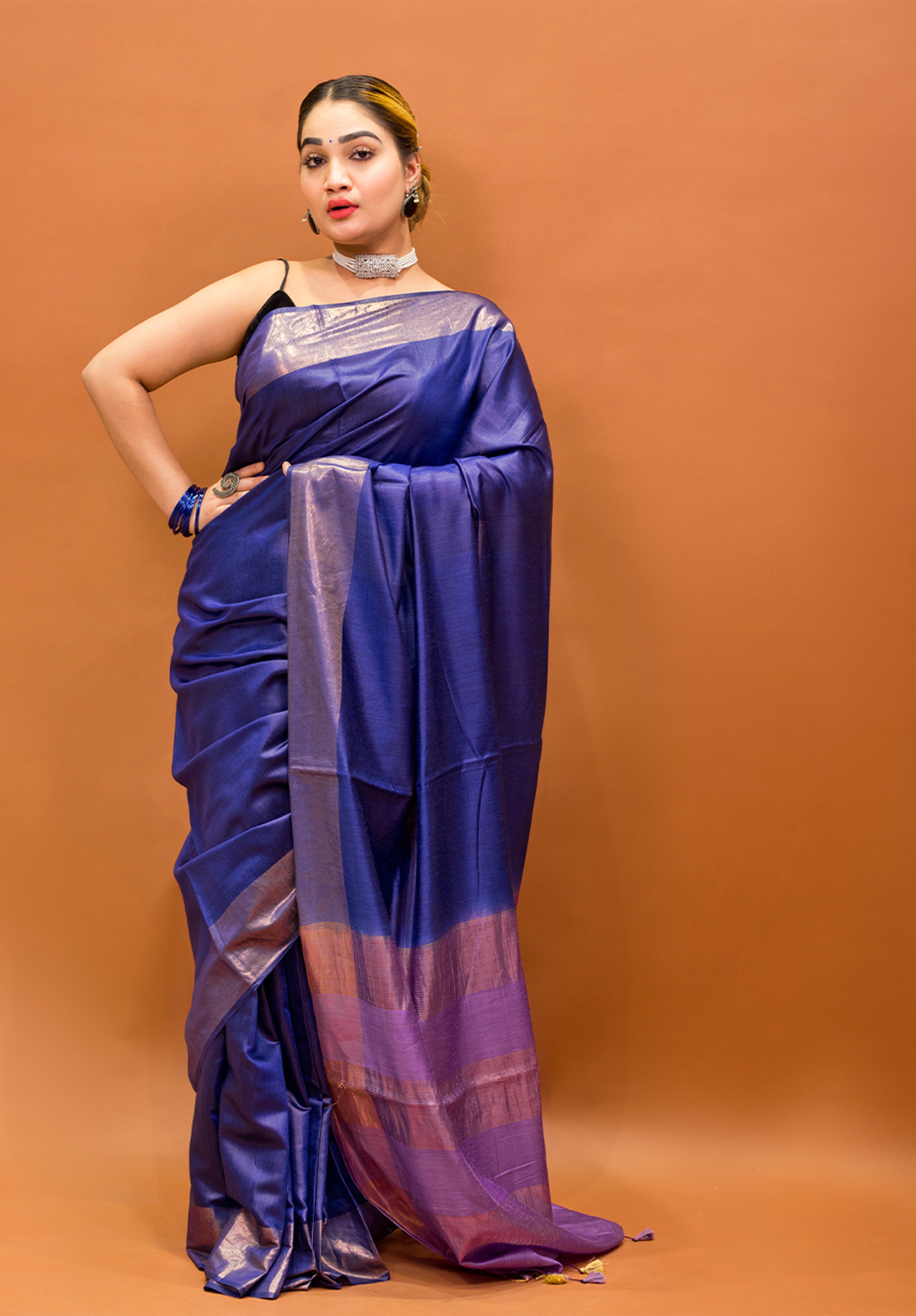 Women’s Woven Design Pure Muga Silk Saree With Blouse Piece- Royal blue