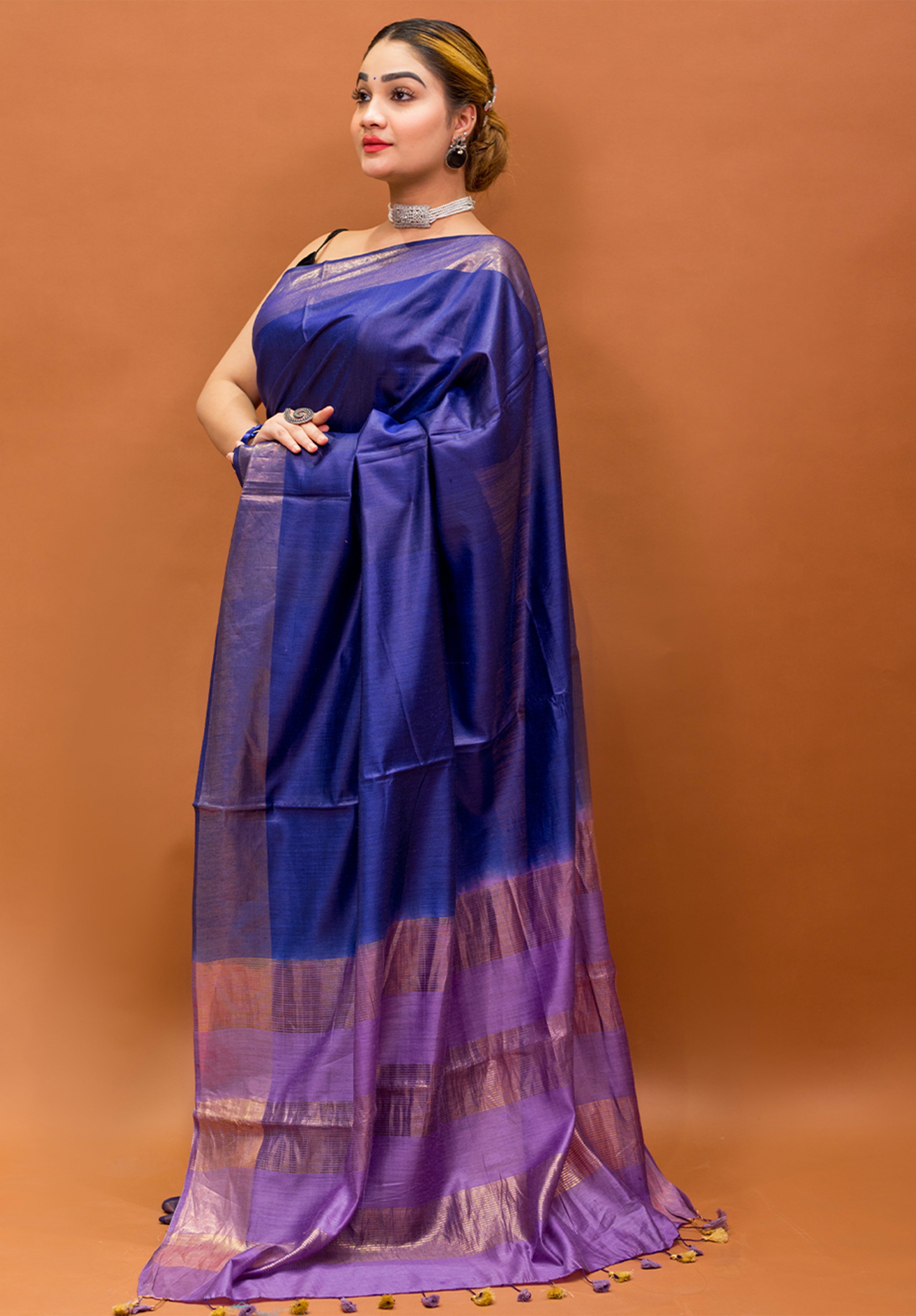 Women’s Woven Design Pure Muga Silk Saree With Blouse Piece- Royal blue