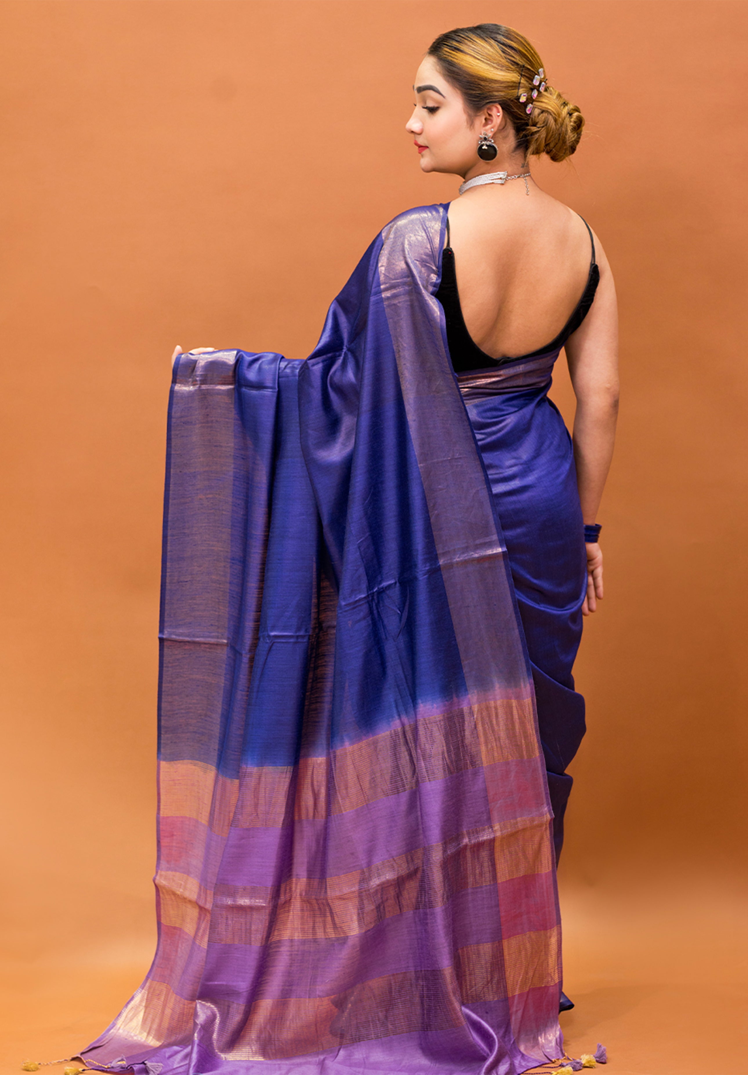 Women’s Woven Design Pure Muga Silk Saree With Blouse Piece- Royal blue