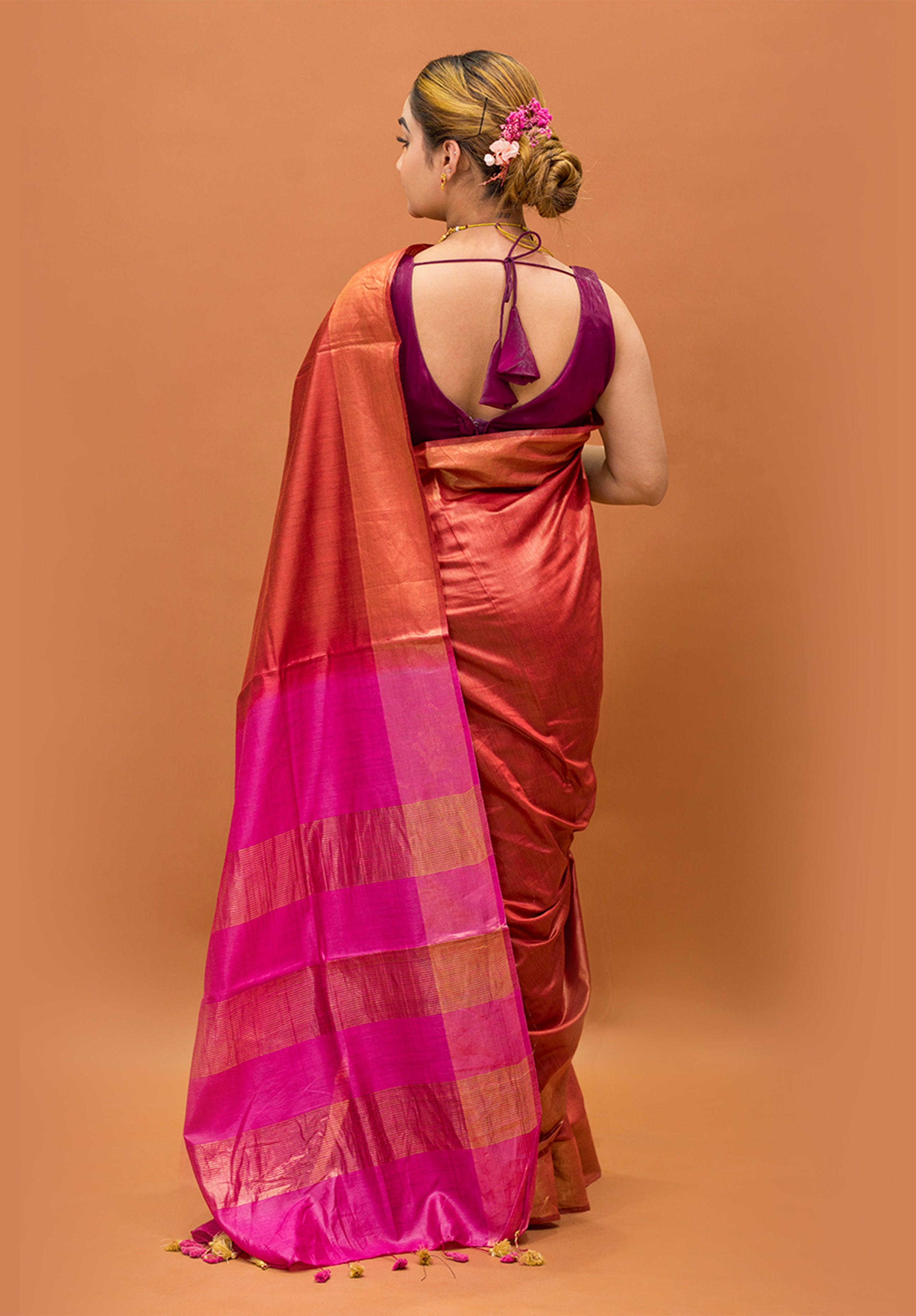 Women’s Woven Design Pure Muga Silk Saree With Blouse Piece- Coffee Maroon