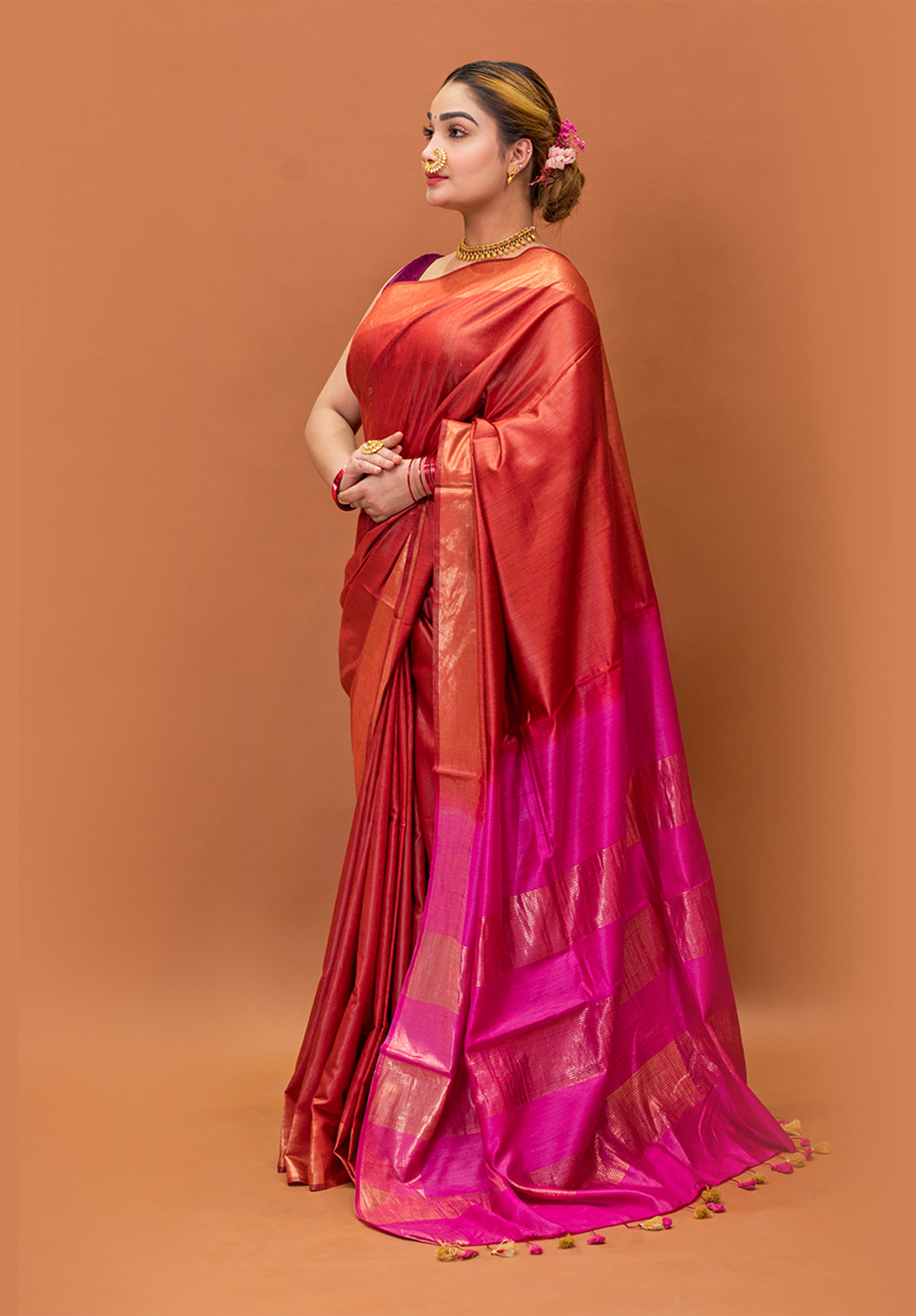 Women’s Woven Design Pure Muga Silk Saree With Blouse Piece- Coffee Maroon