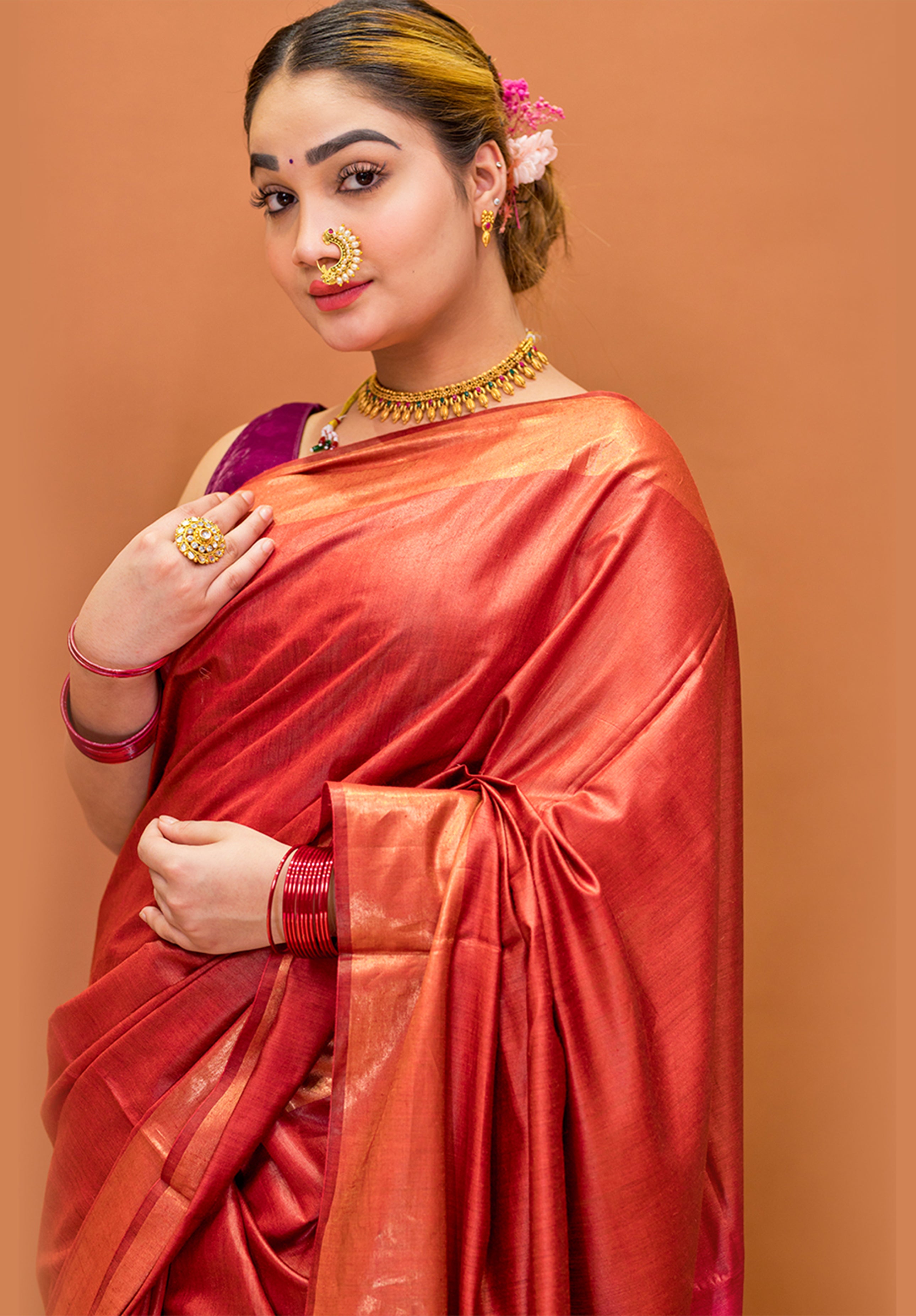 Women’s Woven Design Pure Muga Silk Saree With Blouse Piece- Coffee Maroon