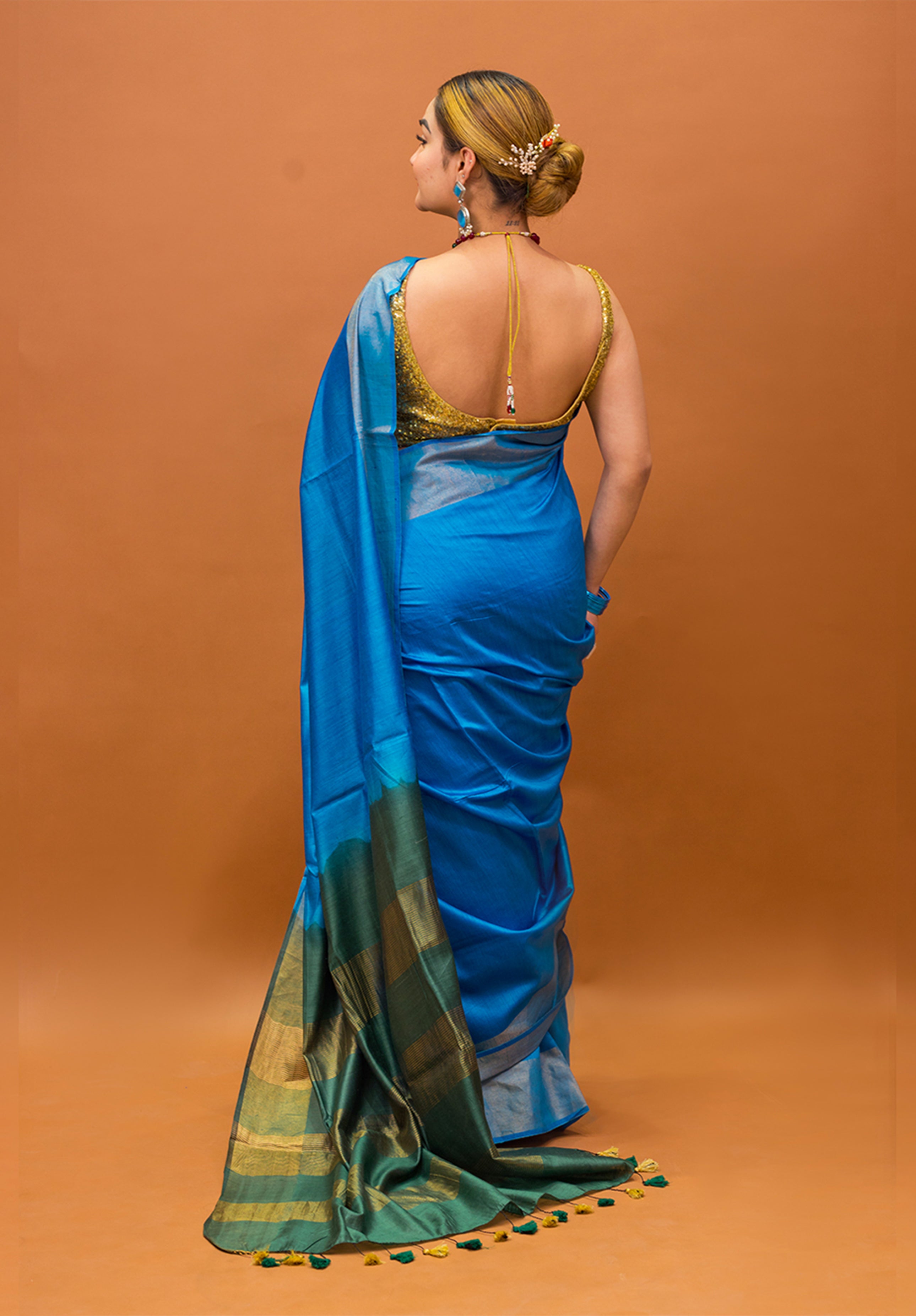 Women’s Woven Design Pure Muga Silk Saree With Blouse Piece- Blue