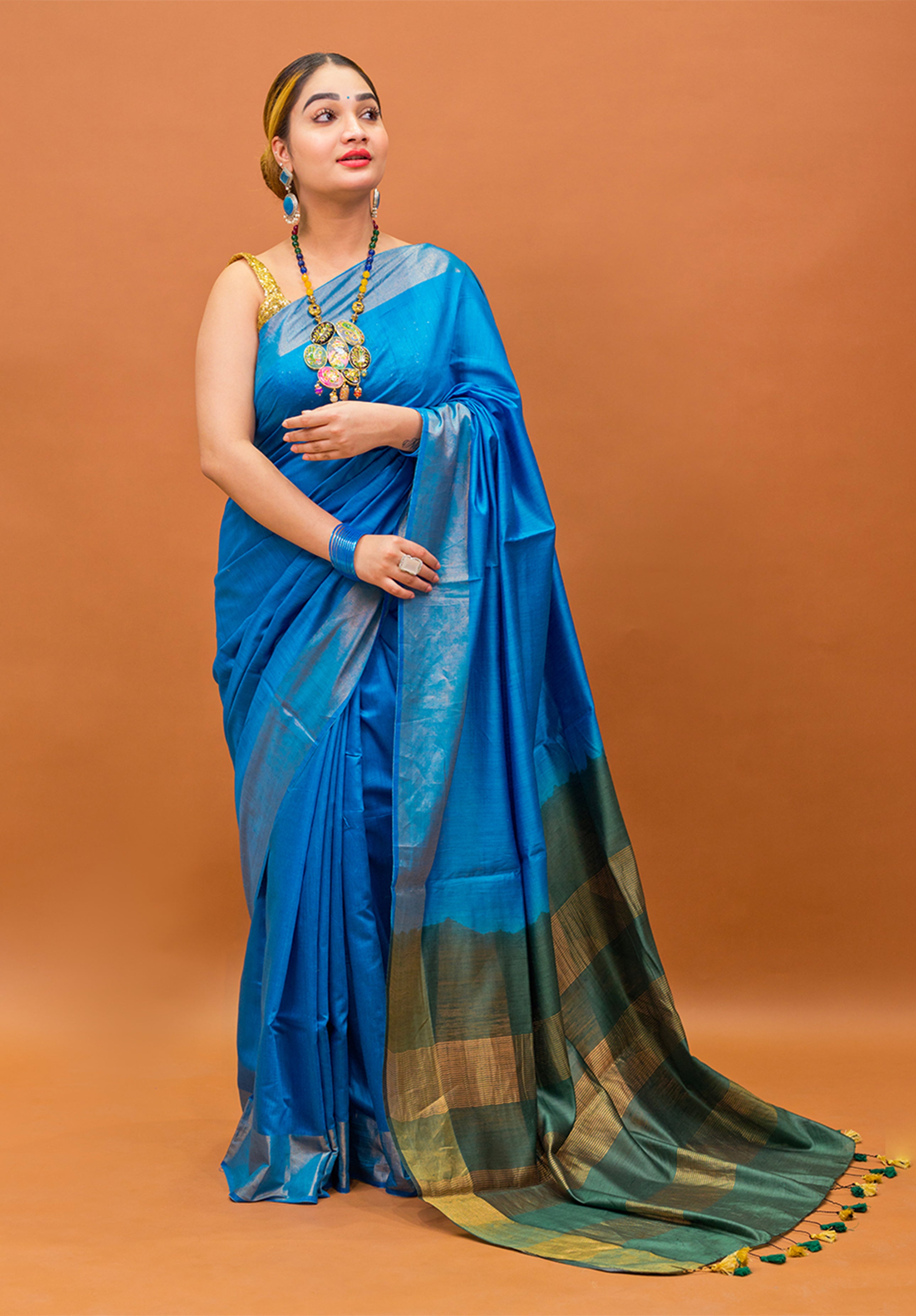 Women’s Woven Design Pure Muga Silk Saree With Blouse Piece- Blue