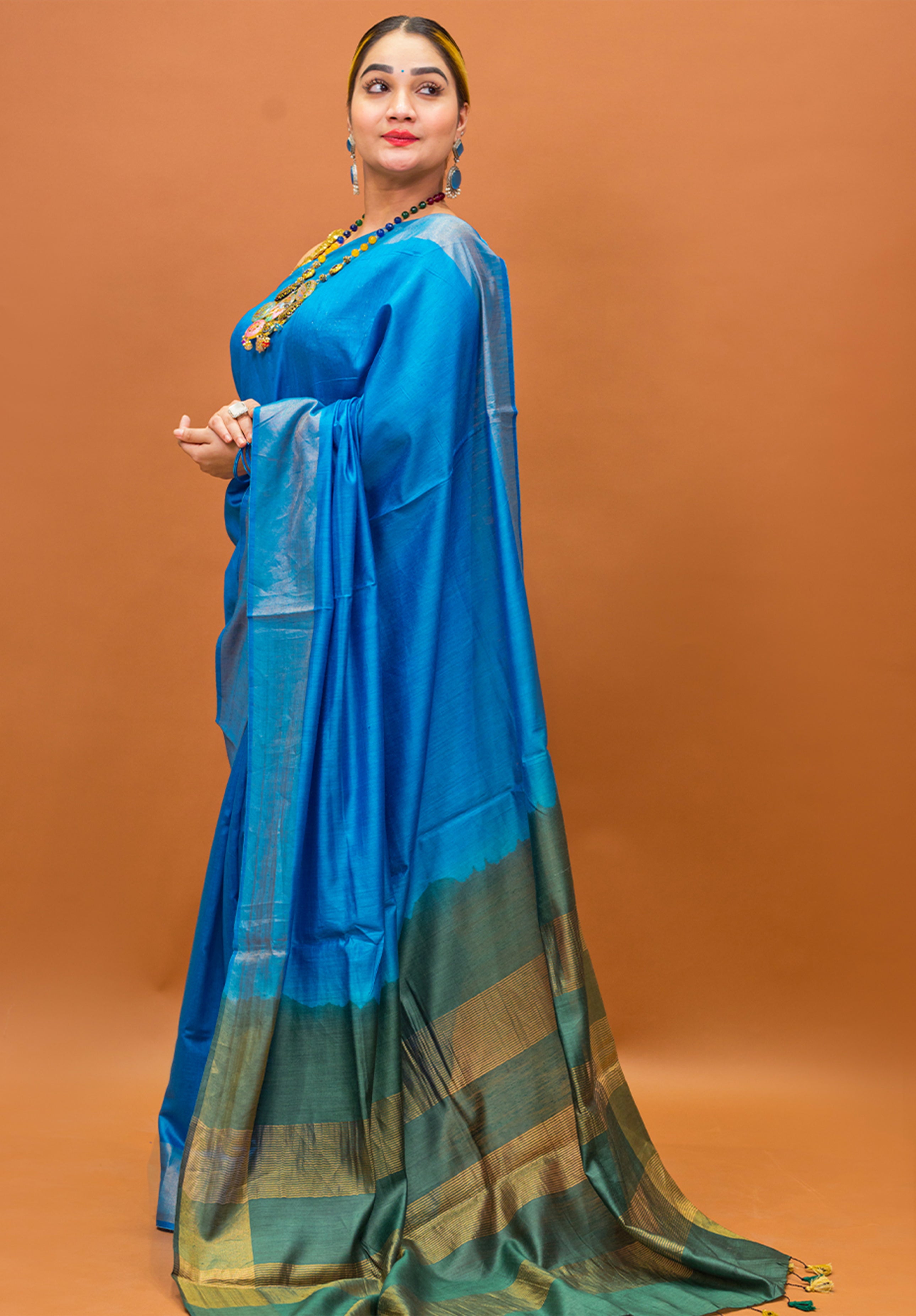 Women’s Woven Design Pure Muga Silk Saree With Blouse Piece- Blue