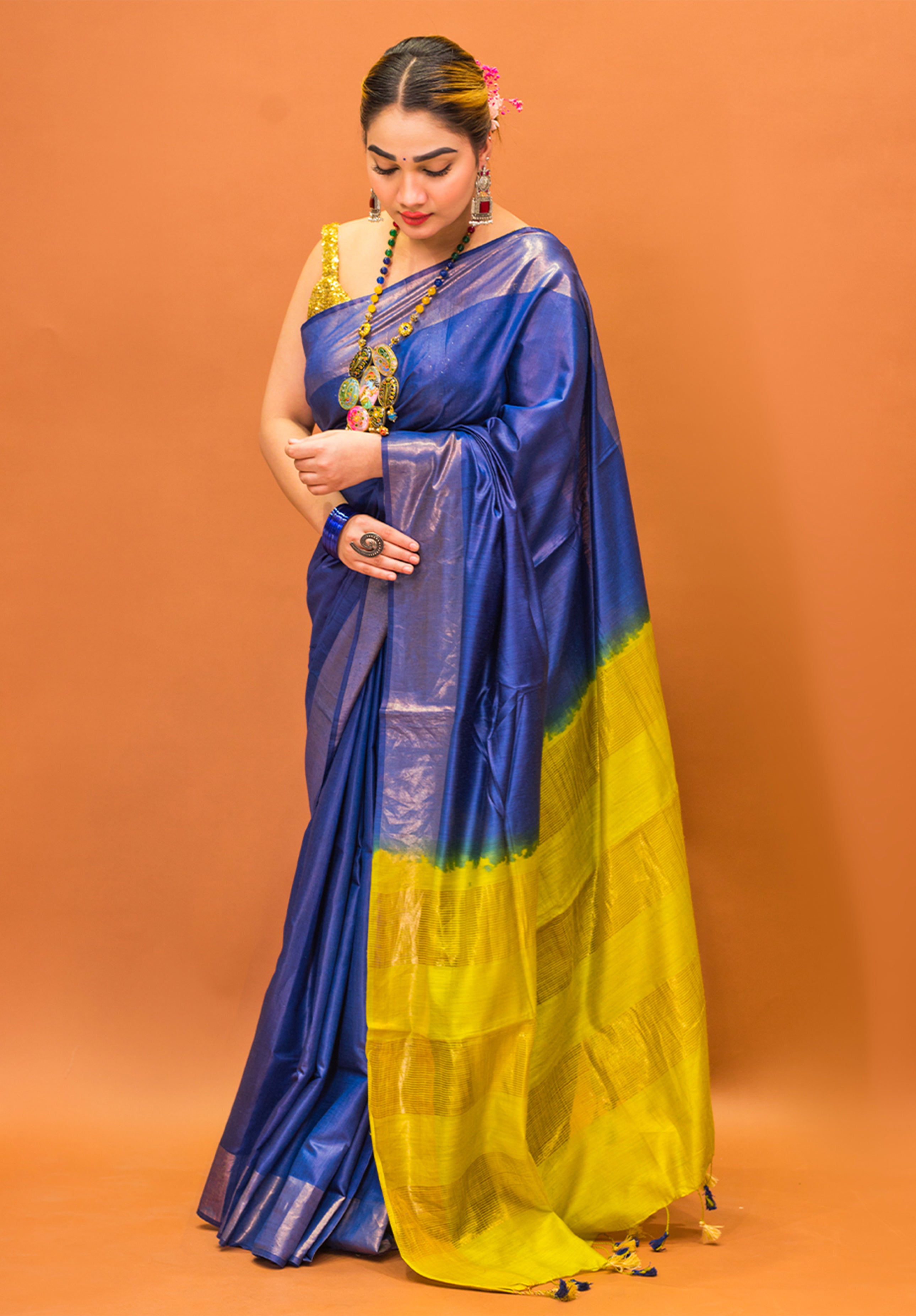 Women’s Woven Design Pure Muga Silk Saree With Blouse Piece- Royal Blue