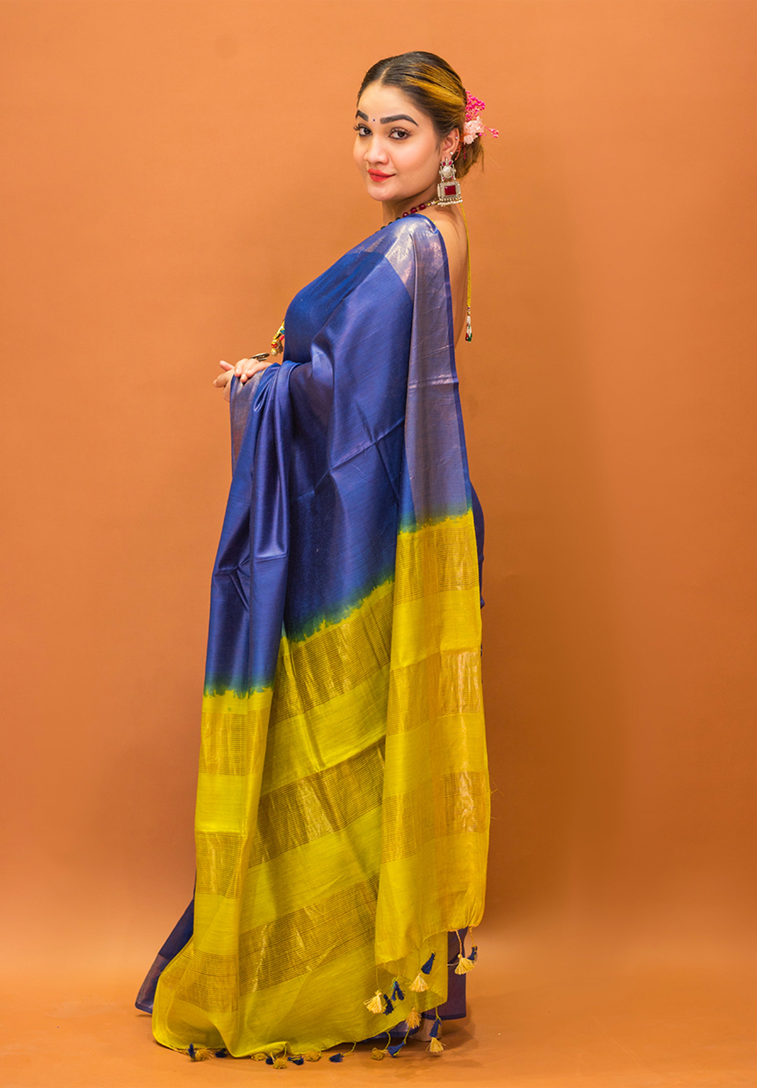 Women’s Woven Design Pure Muga Silk Saree With Blouse Piece- Royal Blue