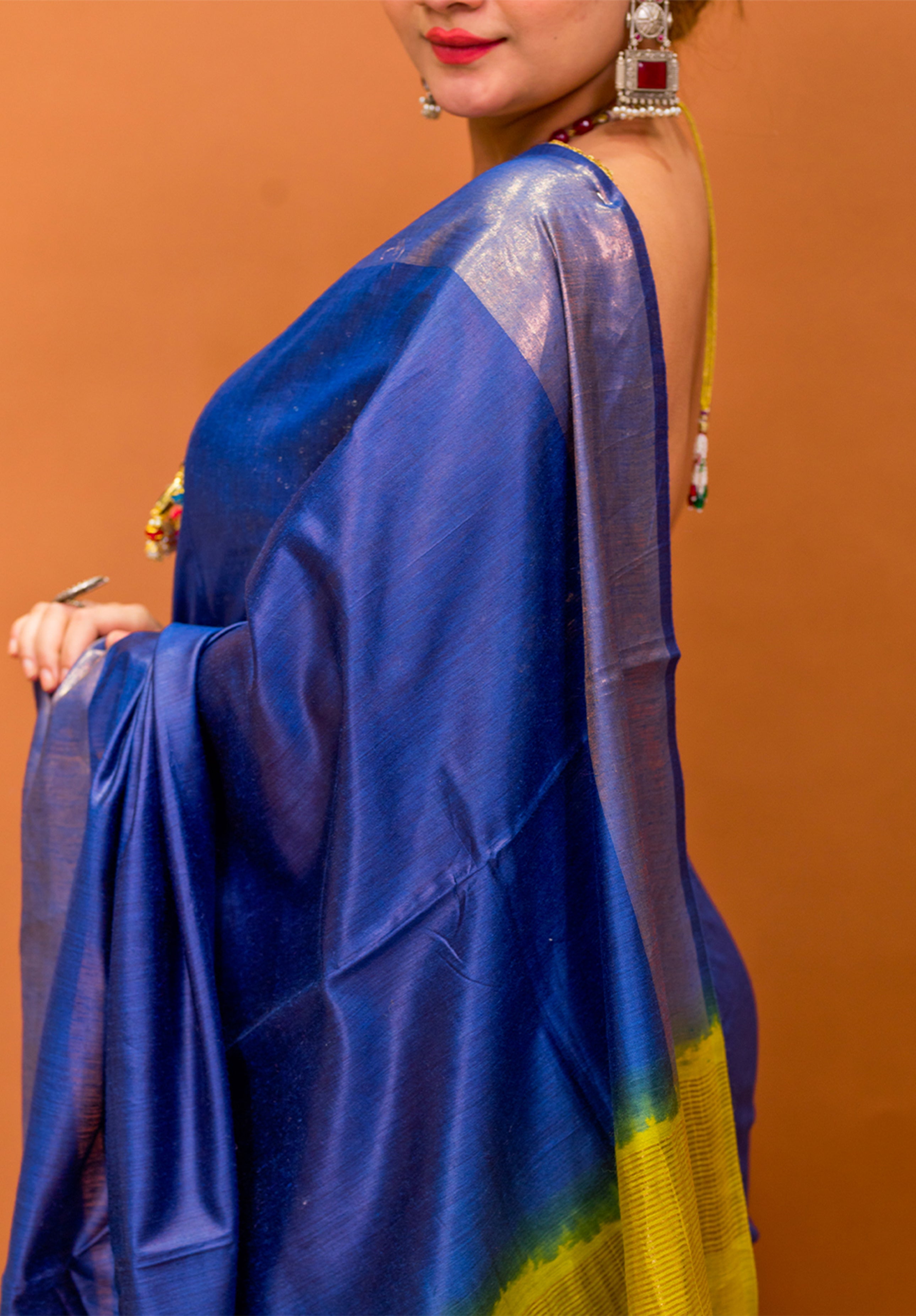 Women’s Woven Design Pure Muga Silk Saree With Blouse Piece- Royal Blue