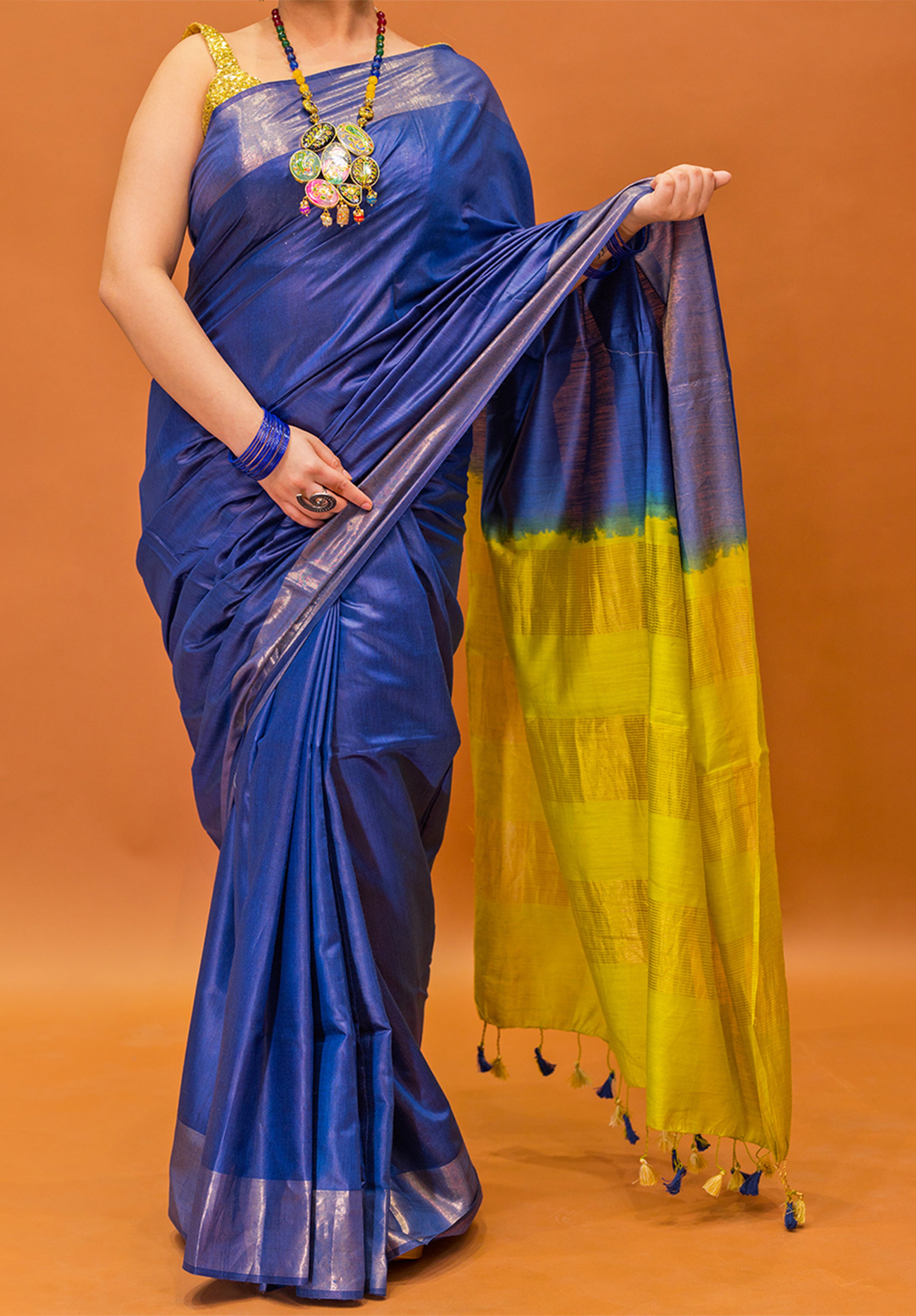 Women’s Woven Design Pure Muga Silk Saree With Blouse Piece- Royal Blue