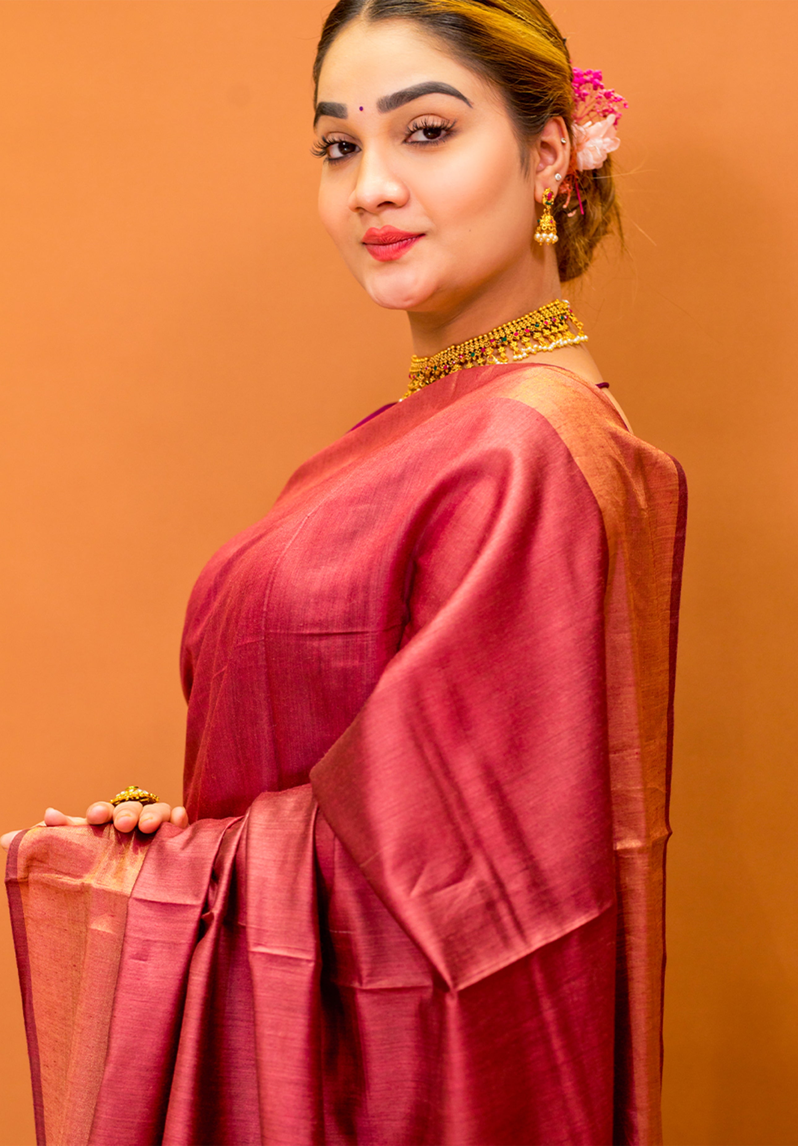 Women’s Woven Design Pure Muga Silk Saree With Blouse Piece- Coffee Maroon