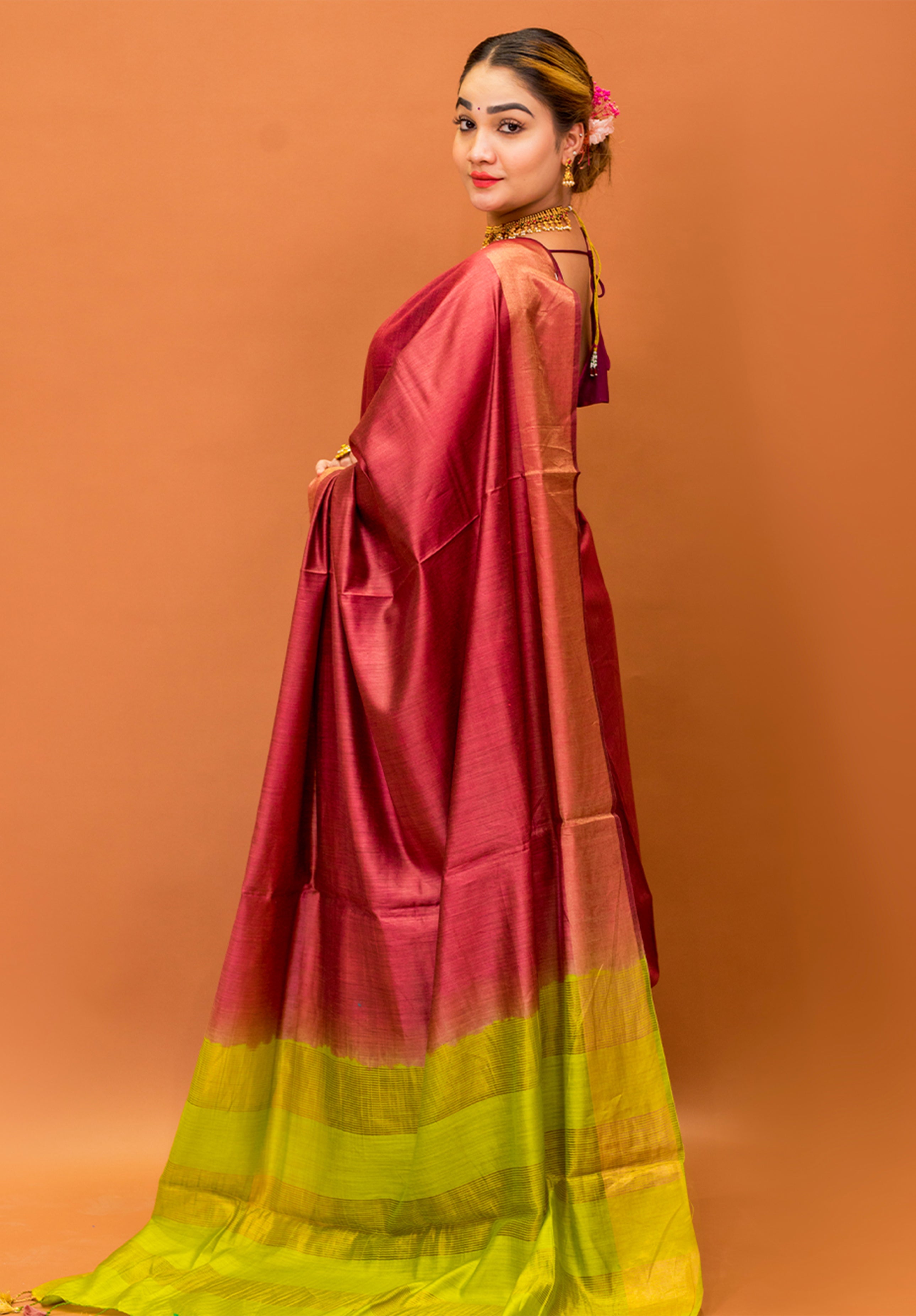 Women’s Woven Design Pure Muga Silk Saree With Blouse Piece- Coffee Maroon