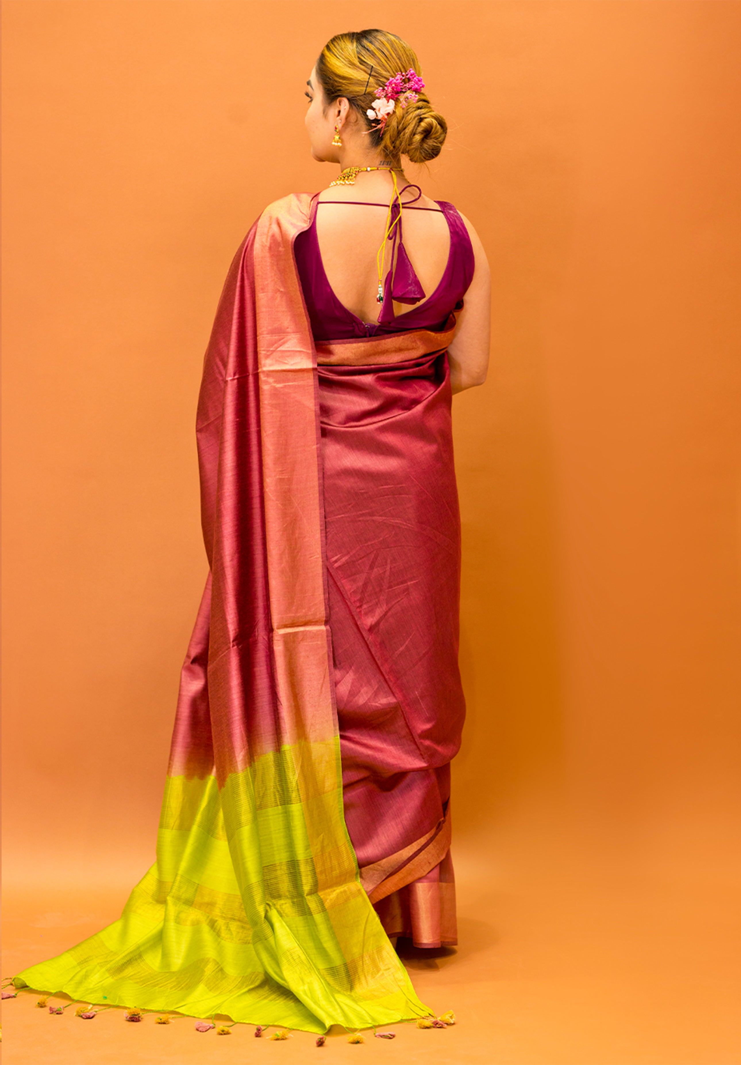 Women’s Woven Design Pure Muga Silk Saree With Blouse Piece- Coffee Maroon