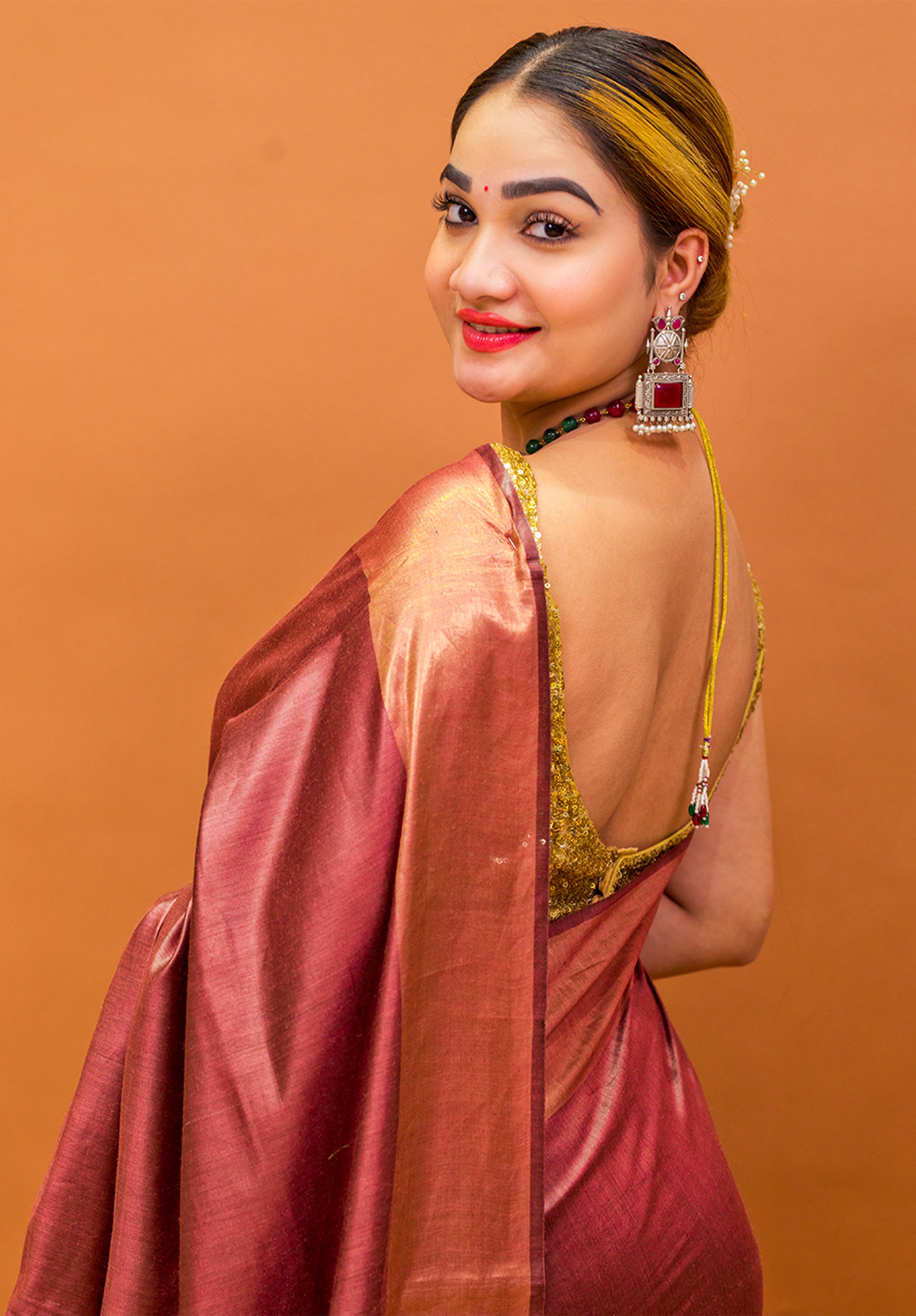 Women’s Woven Design Pure Muga Silk Saree With Blouse Piece- Coffee Maroon