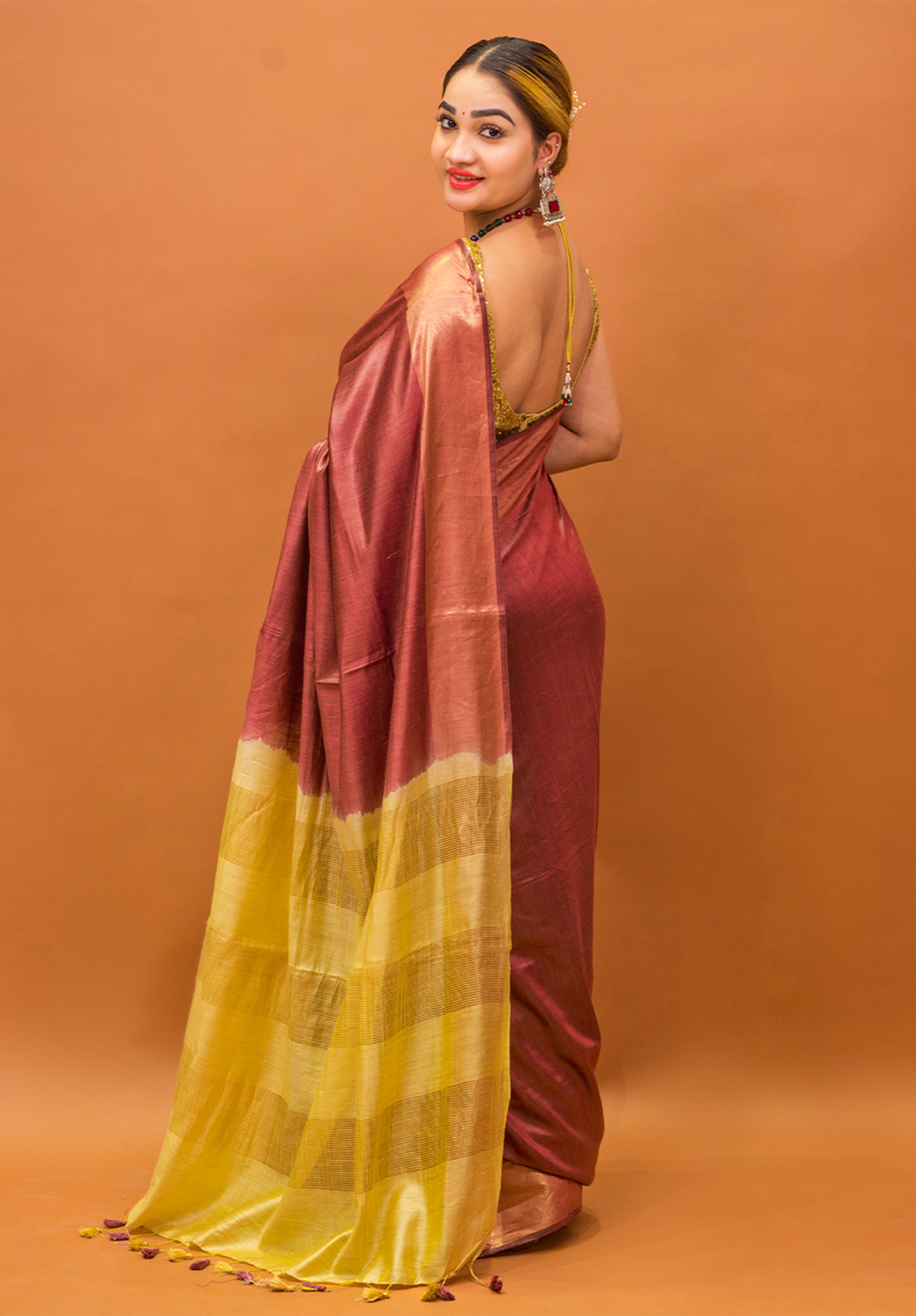 Women’s Woven Design Pure Muga Silk Saree With Blouse Piece- Coffee Maroon