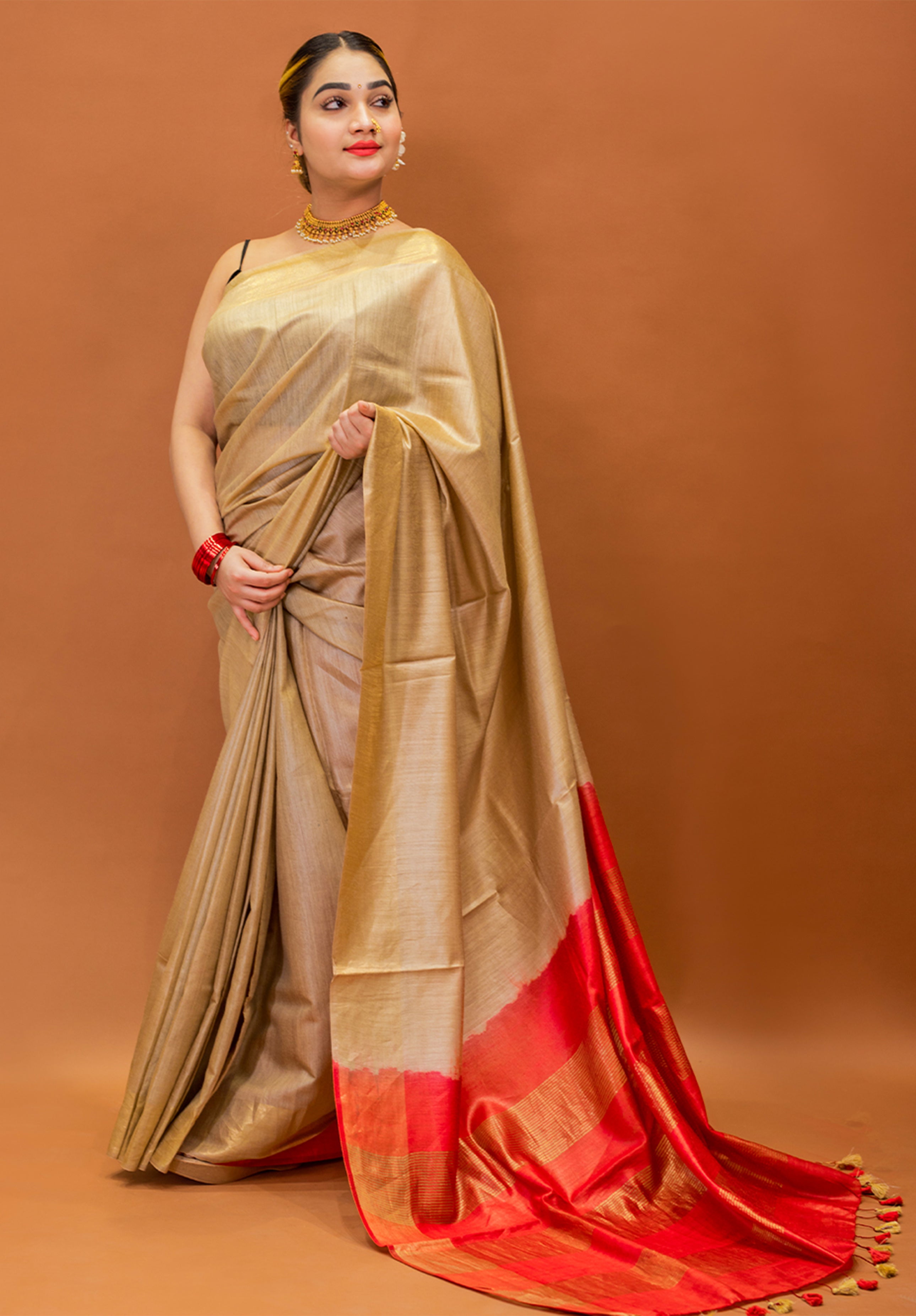Women’s Woven Design Pure Muga Silk Saree With Blouse Piece- Cream