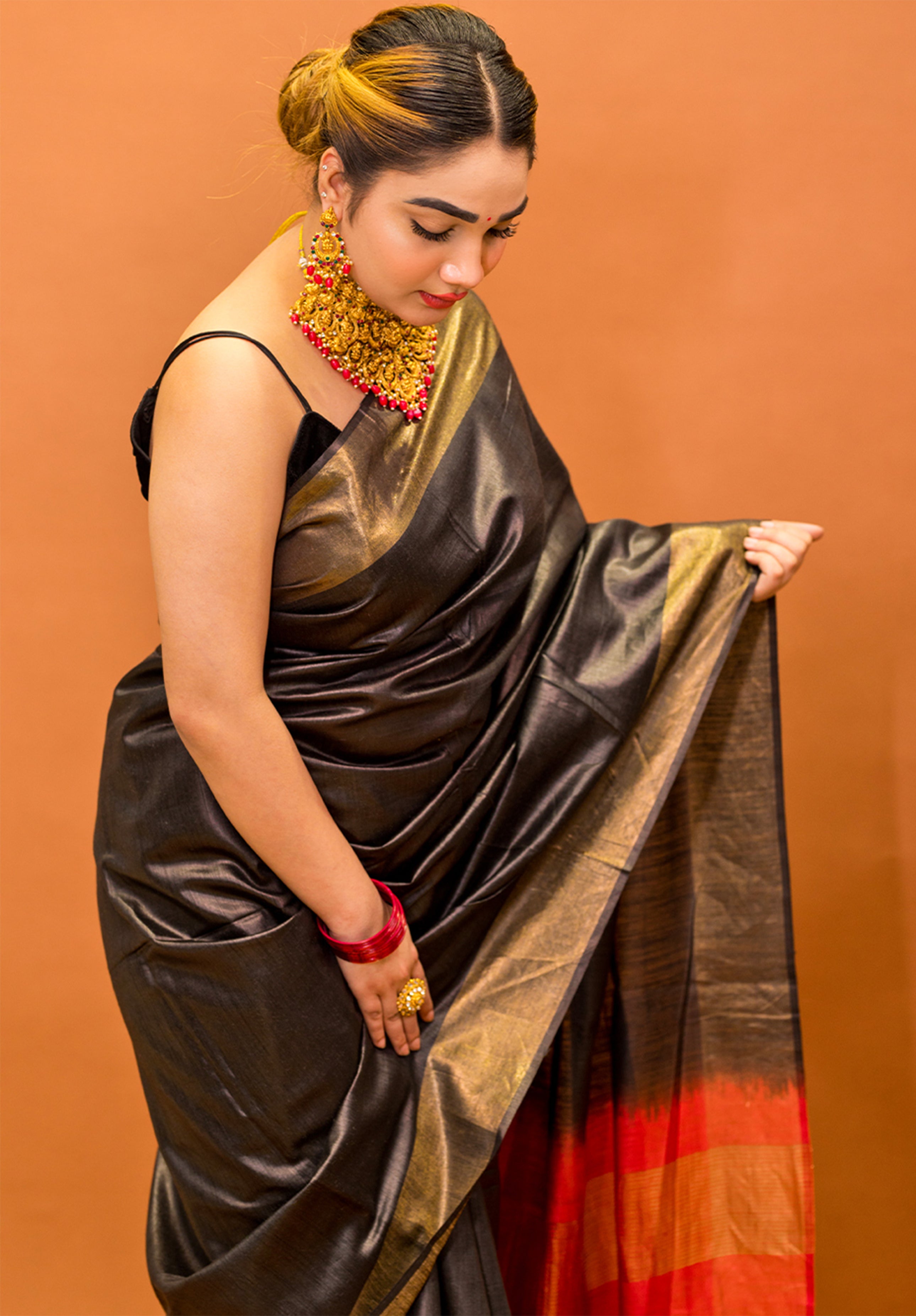 Women’s Woven Design Pure Muga Silk Saree With Blouse Piece- Black