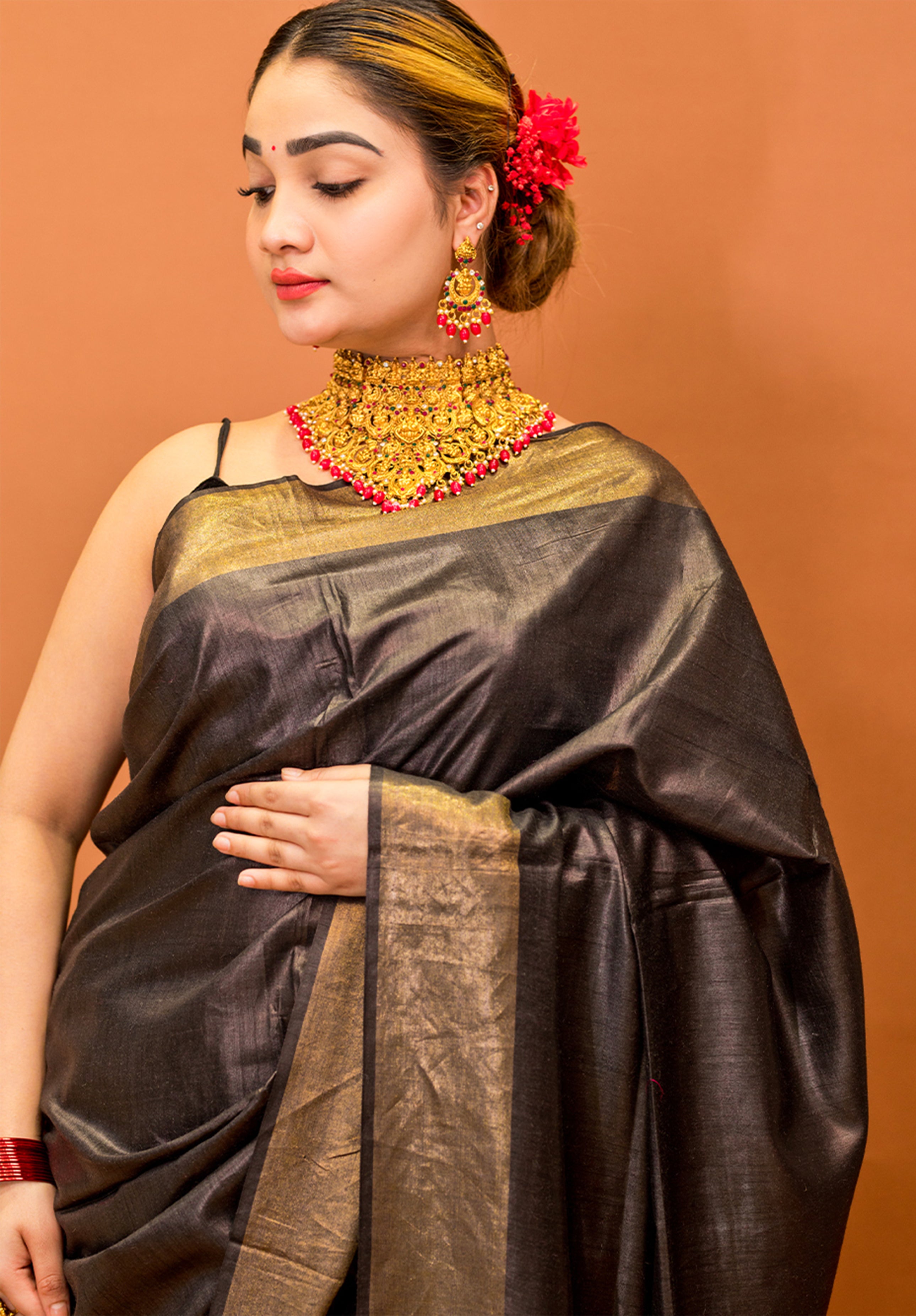 Women’s Woven Design Pure Muga Silk Saree With Blouse Piece- Black