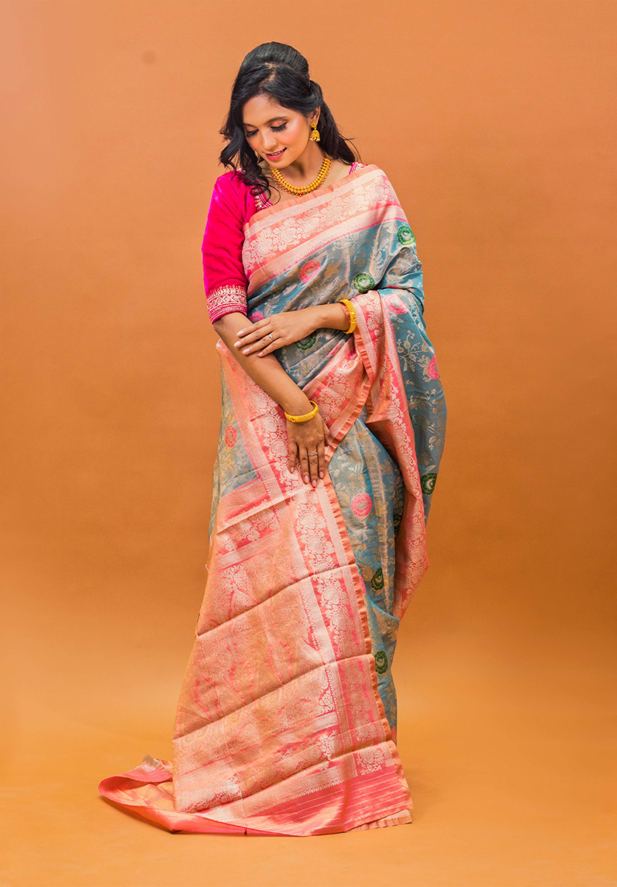 Pure Tissue Kanjivaram Silk Saree With Blouse Piece-Gray