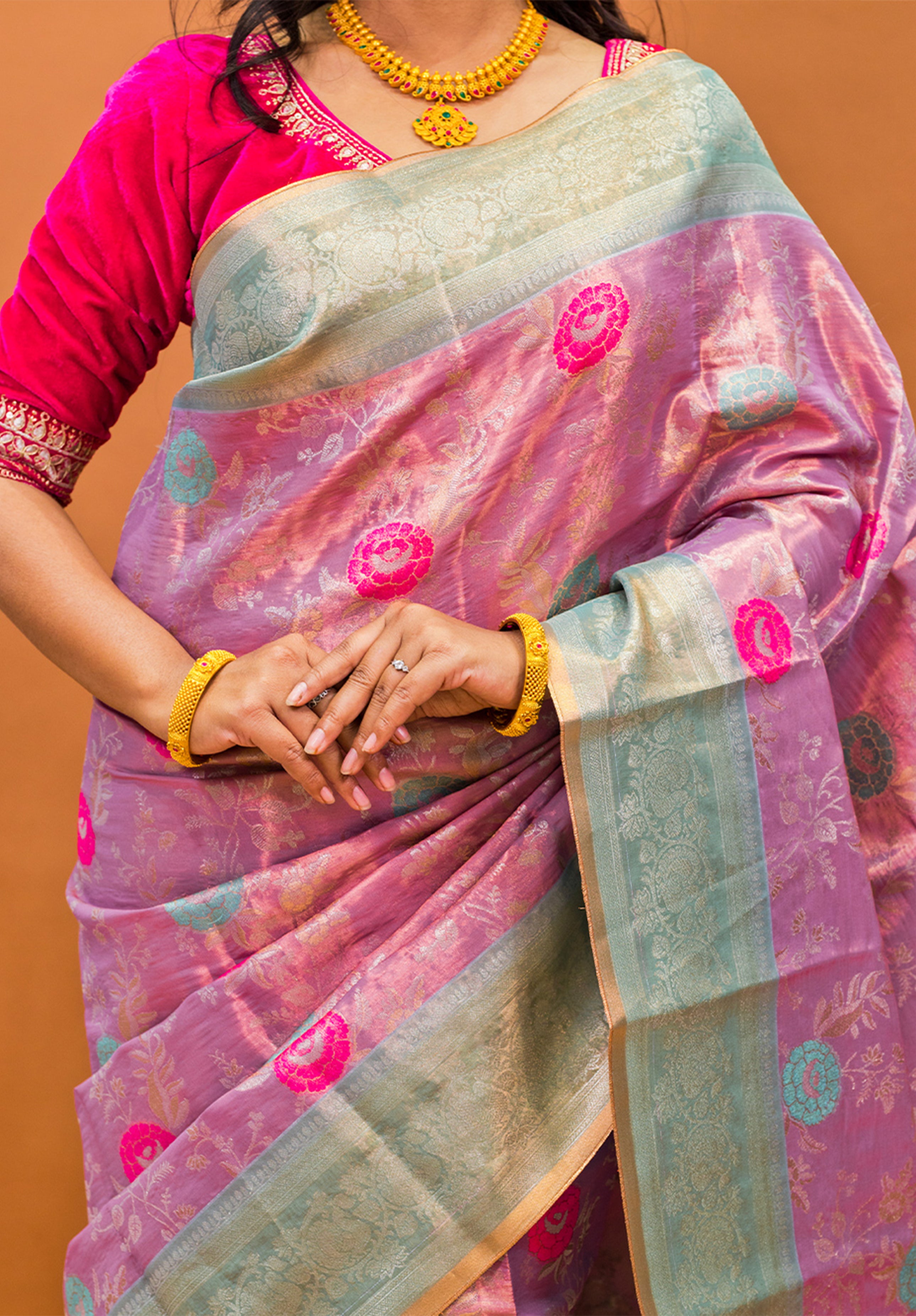 Pure Tissue Kanjivaram Silk Saree With Blouse Piece- Light peach