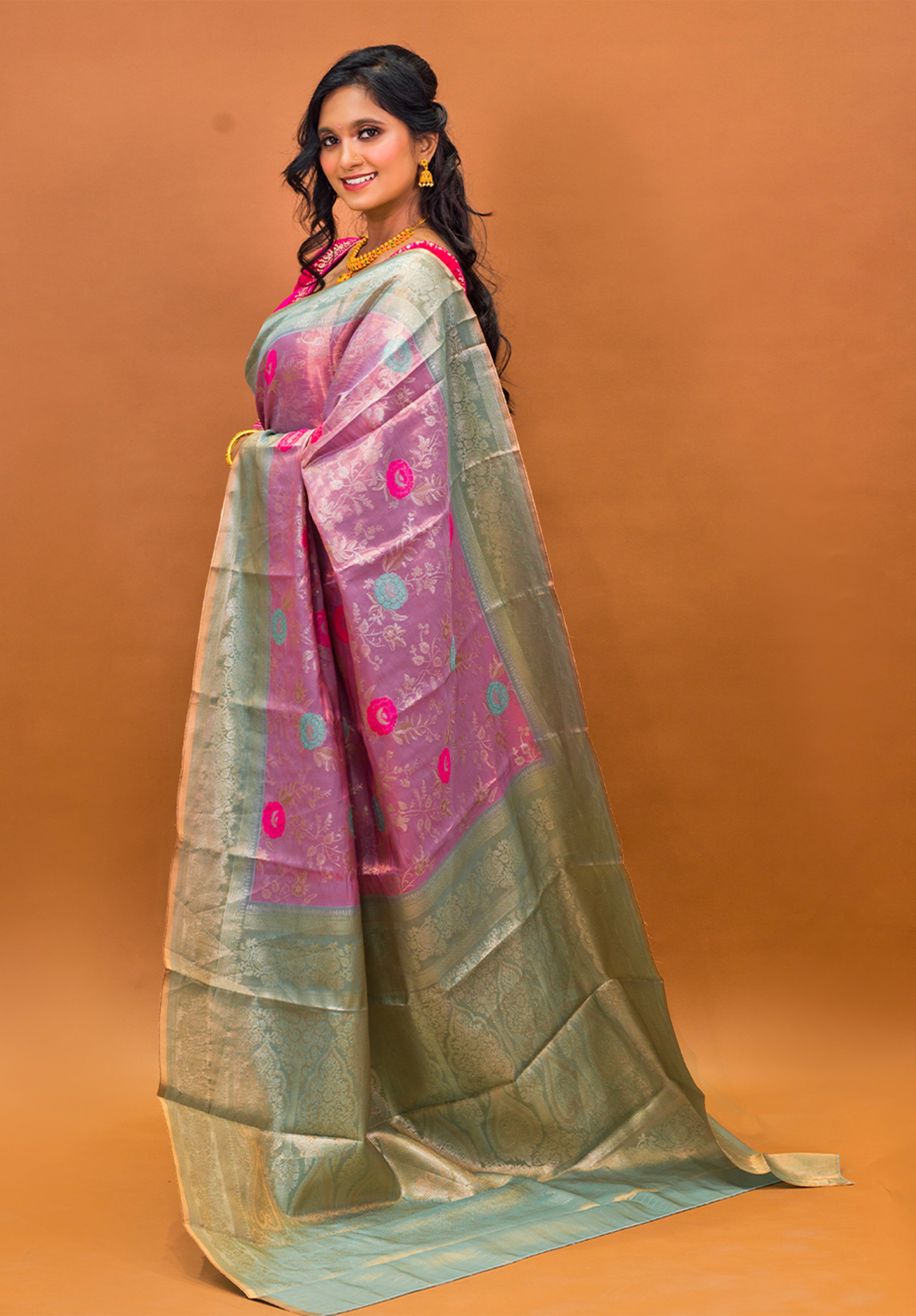 Pure Tissue Kanjivaram Silk Saree With Blouse Piece- Light peach