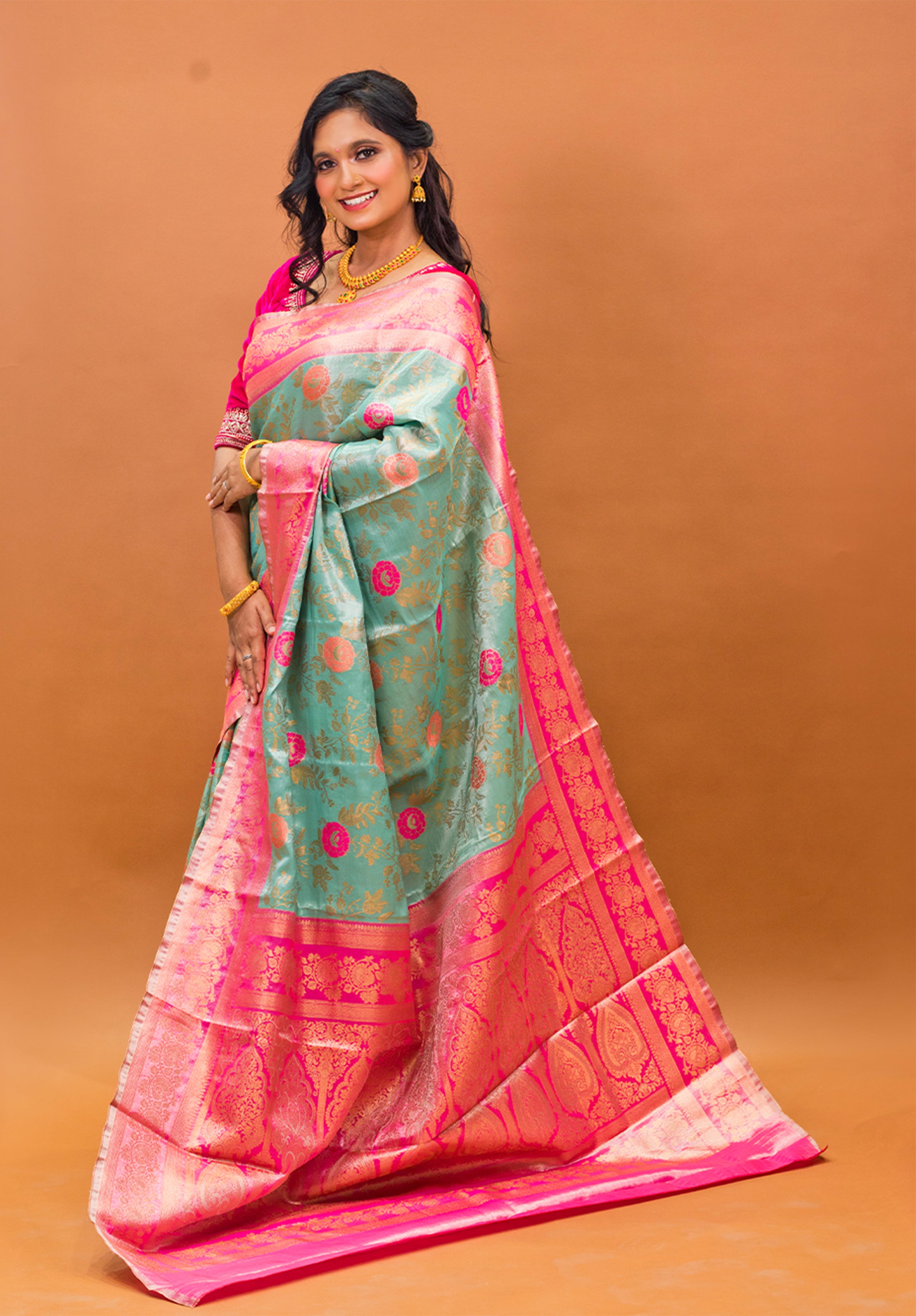 Pure Tissue Kanjivaram Silk Saree With Blouse Piece- Light pista
