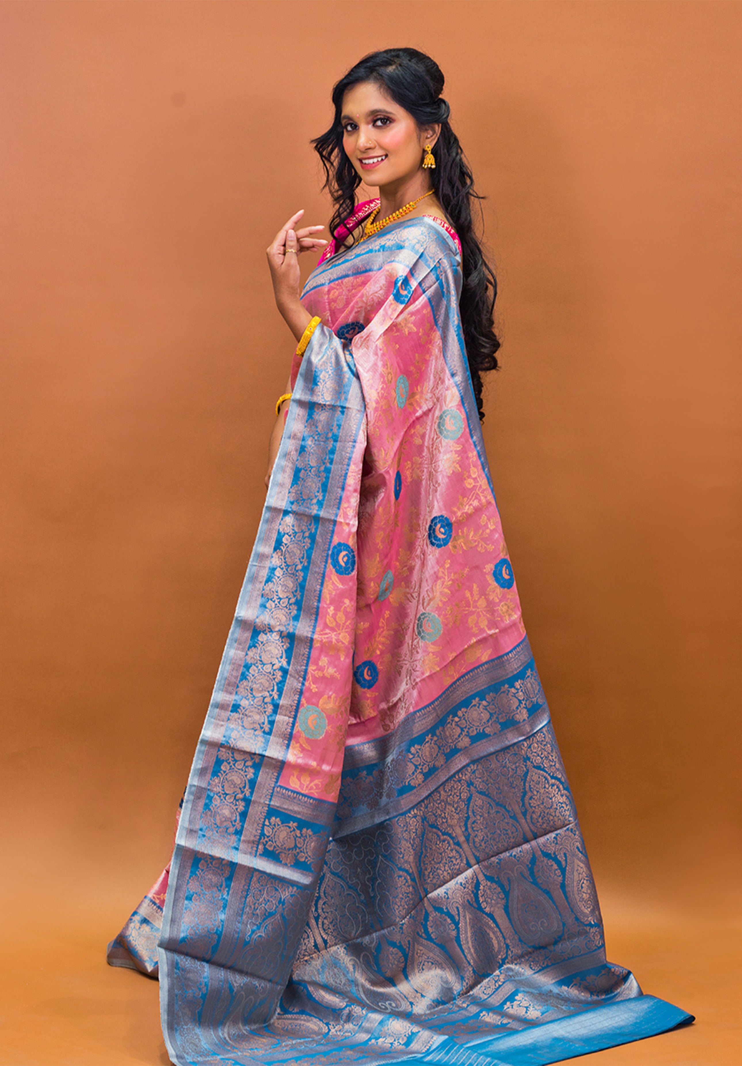 Pure Tissue Kanjivaram Silk Saree With Blouse Piece- Peach