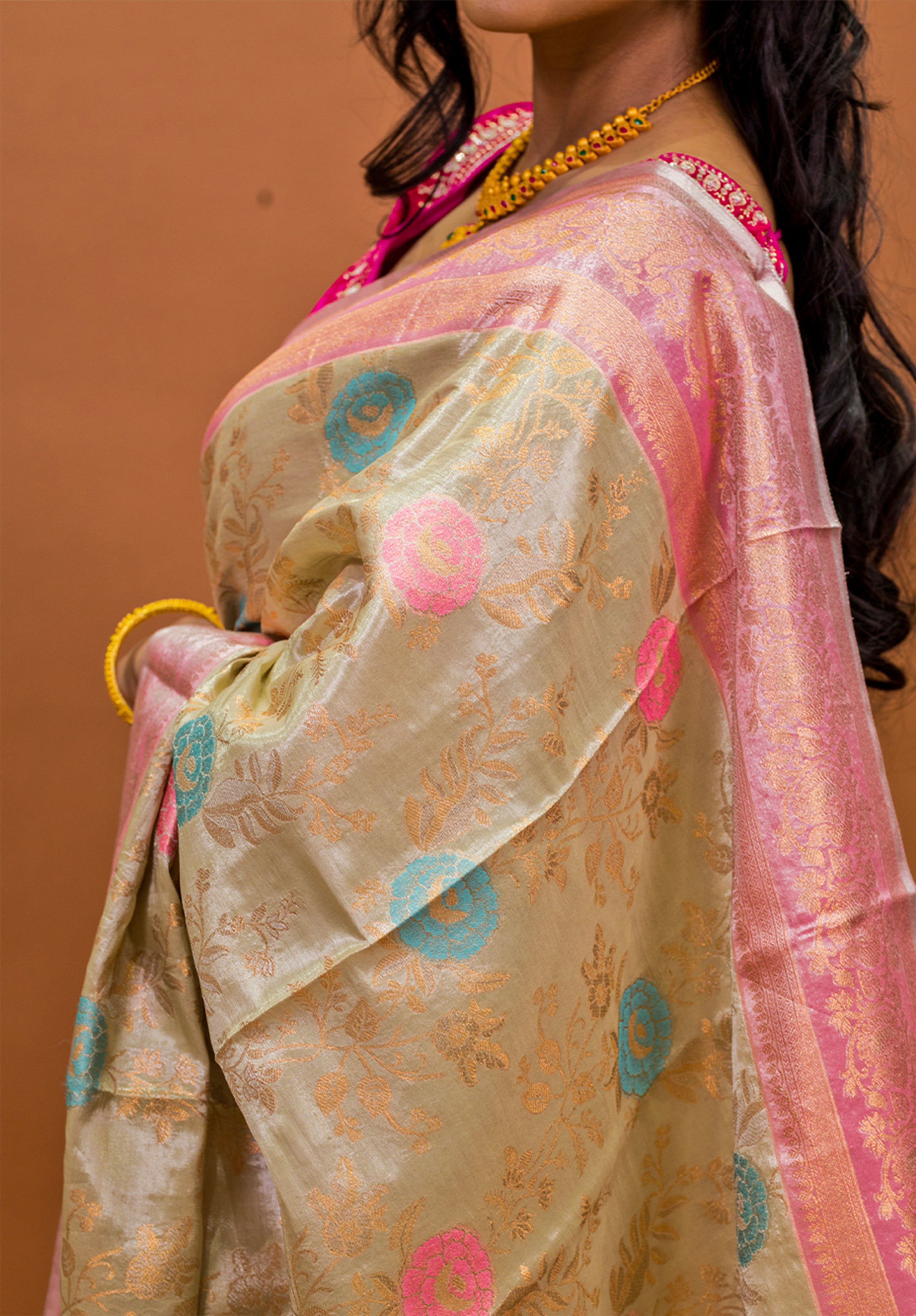 Pure Tissue Kanjivaram Silk Saree With Blouse Piece- Cream