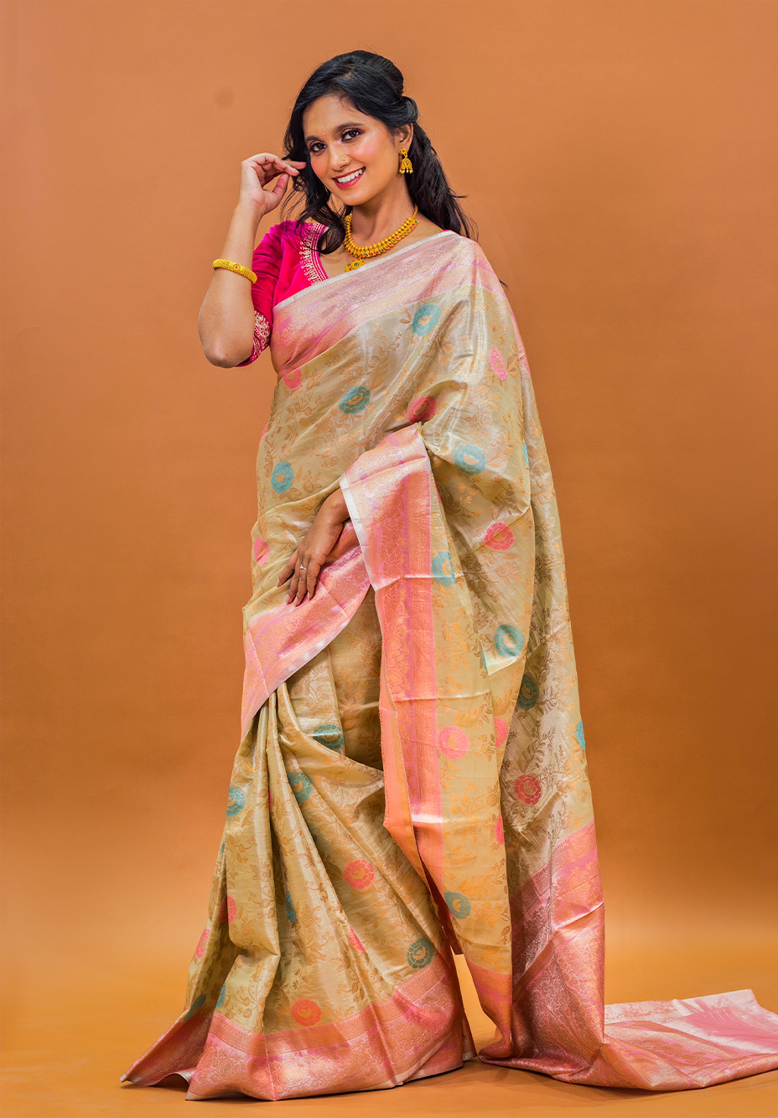 Pure Tissue Kanjivaram Silk Saree With Blouse Piece- Cream