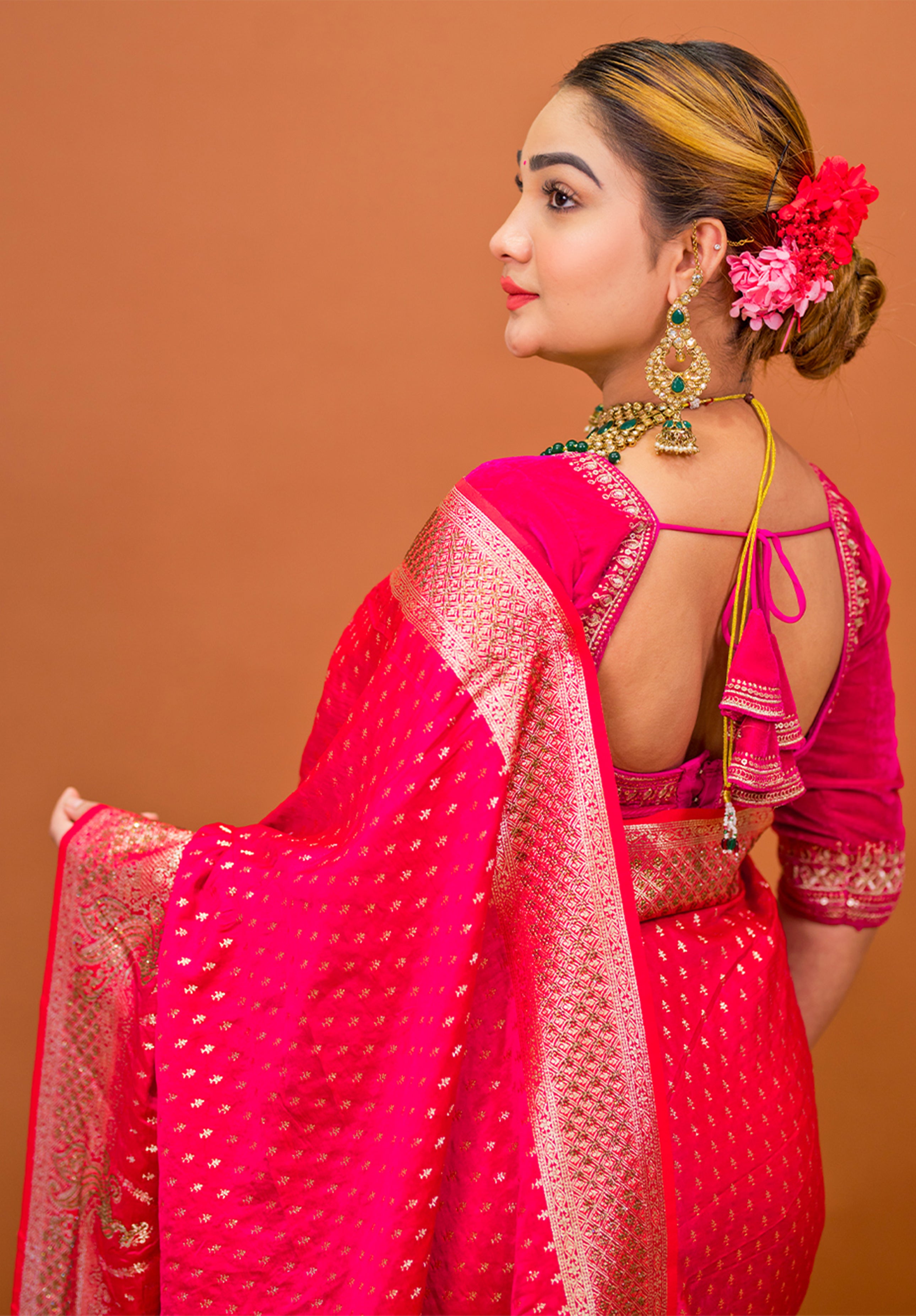 Women’s Woven Banarasi Designer Saree With Blouse Piece- Rani pink