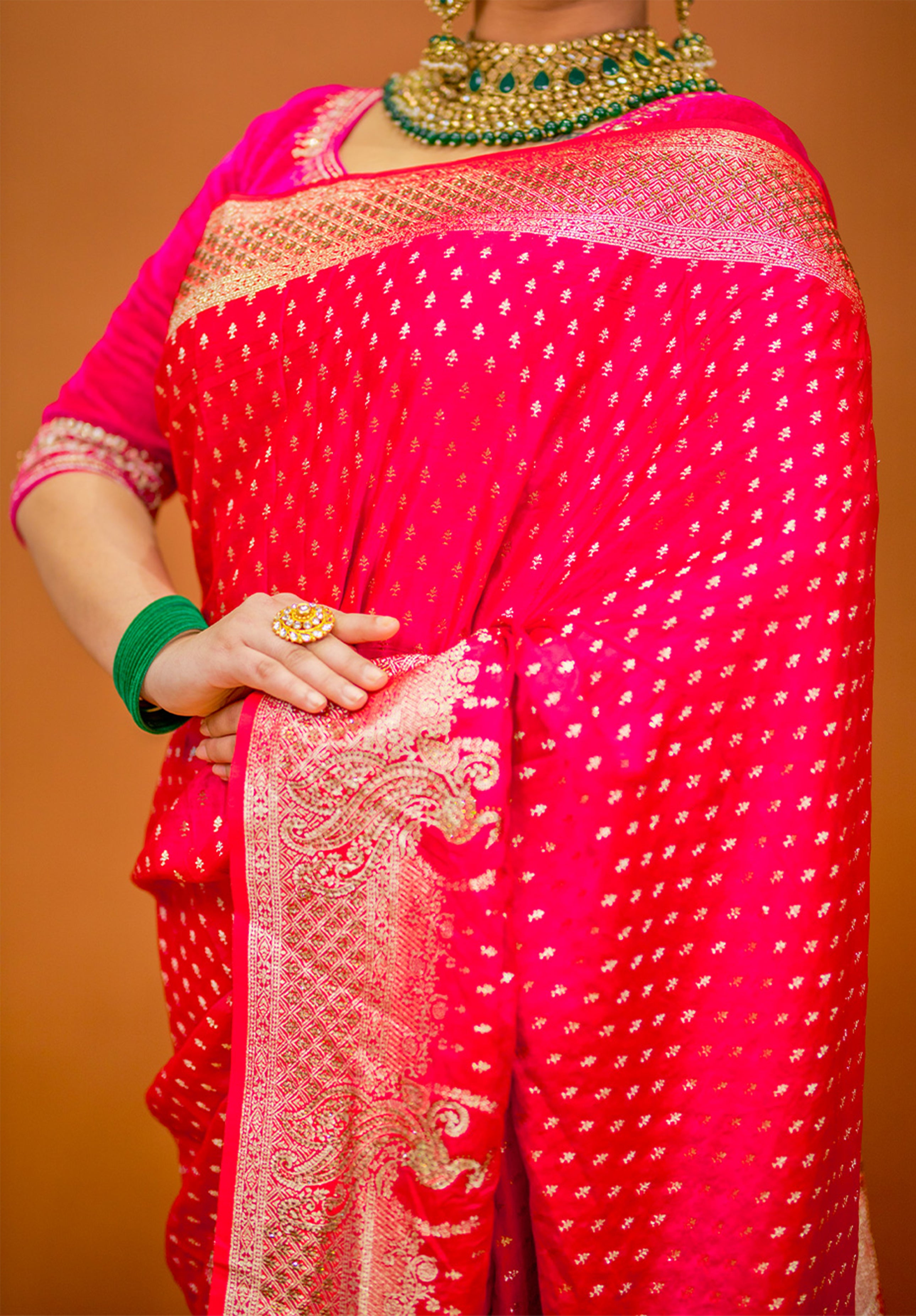 Women’s Woven Banarasi Designer Saree With Blouse Piece- Rani pink
