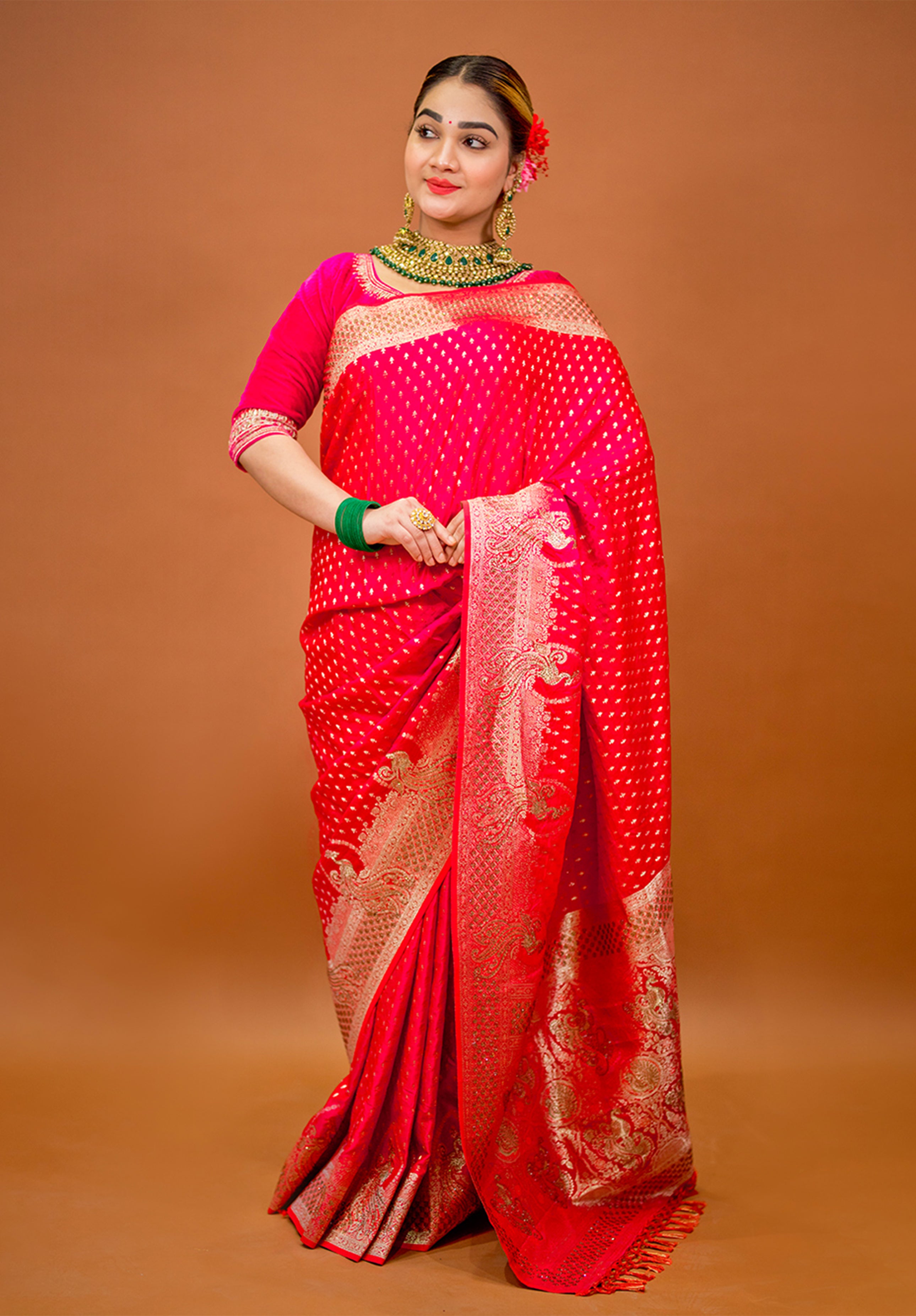 Women’s Woven Banarasi Designer Saree With Blouse Piece- Rani pink