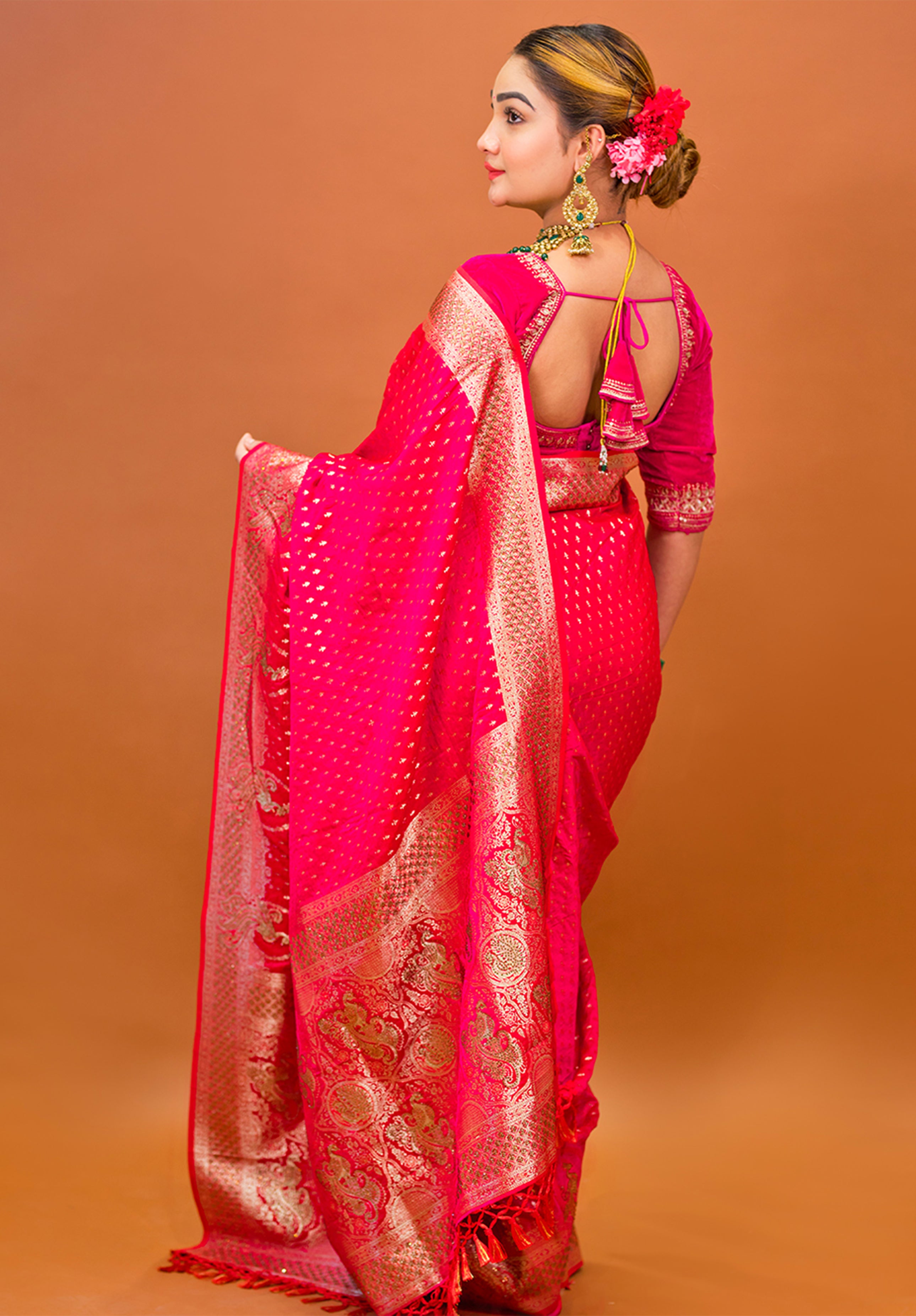 Women’s Woven Banarasi Designer Saree With Blouse Piece- Rani pink