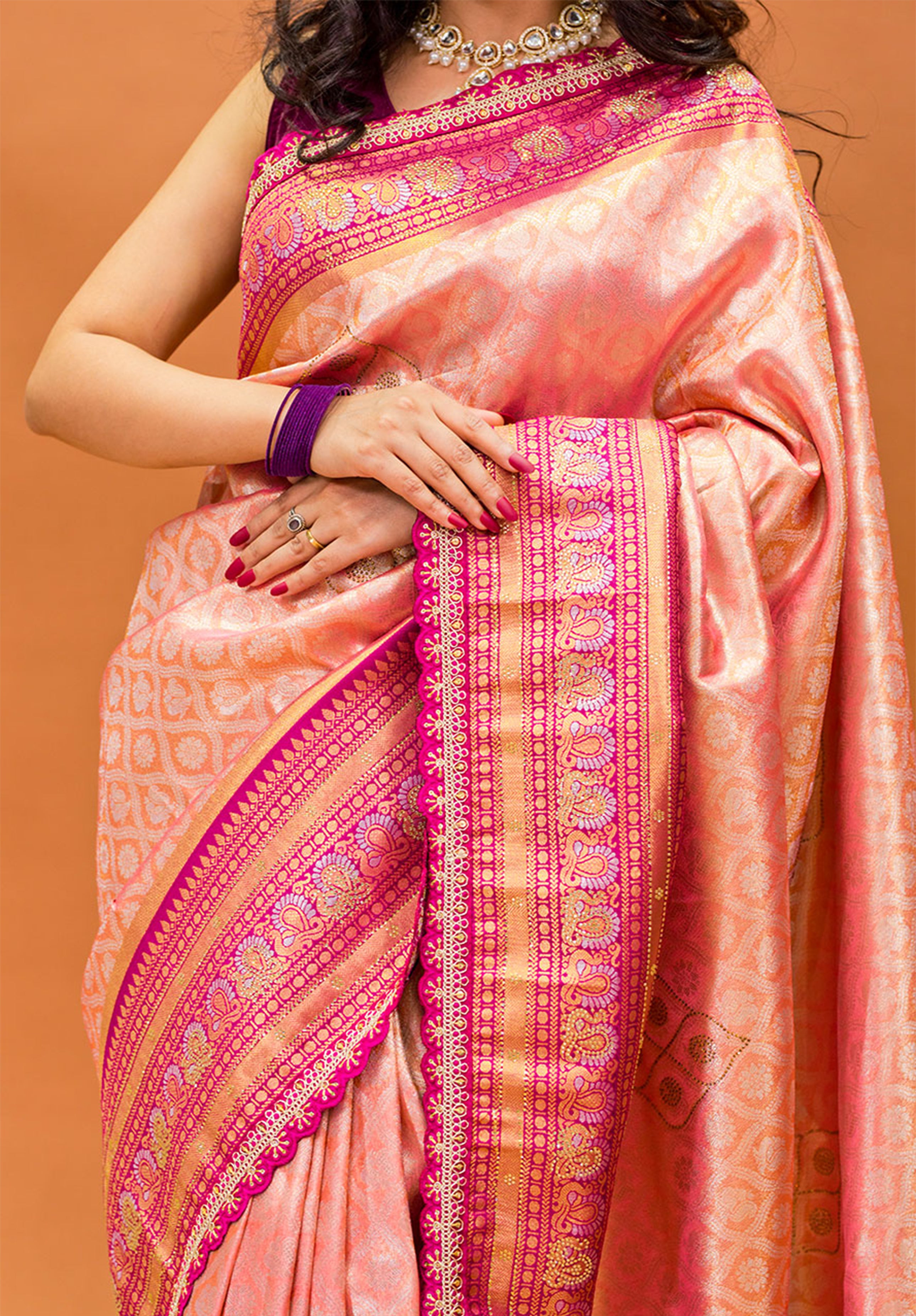 Women’s Woven Design Kanjivaram Brocade Saree With Blouse Piece- Peach
