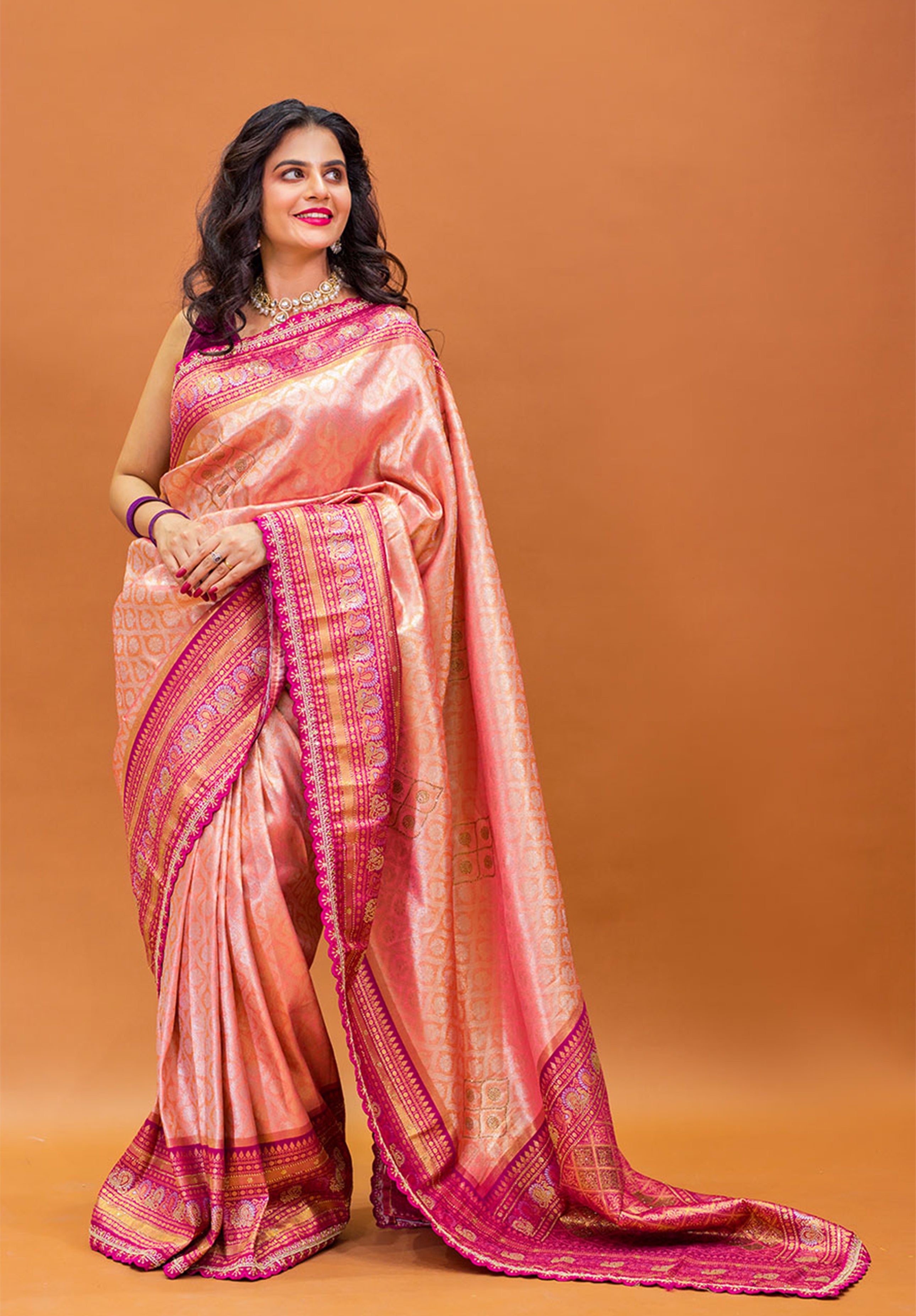 Women’s Woven Design Kanjivaram Brocade Saree With Blouse Piece- Peach