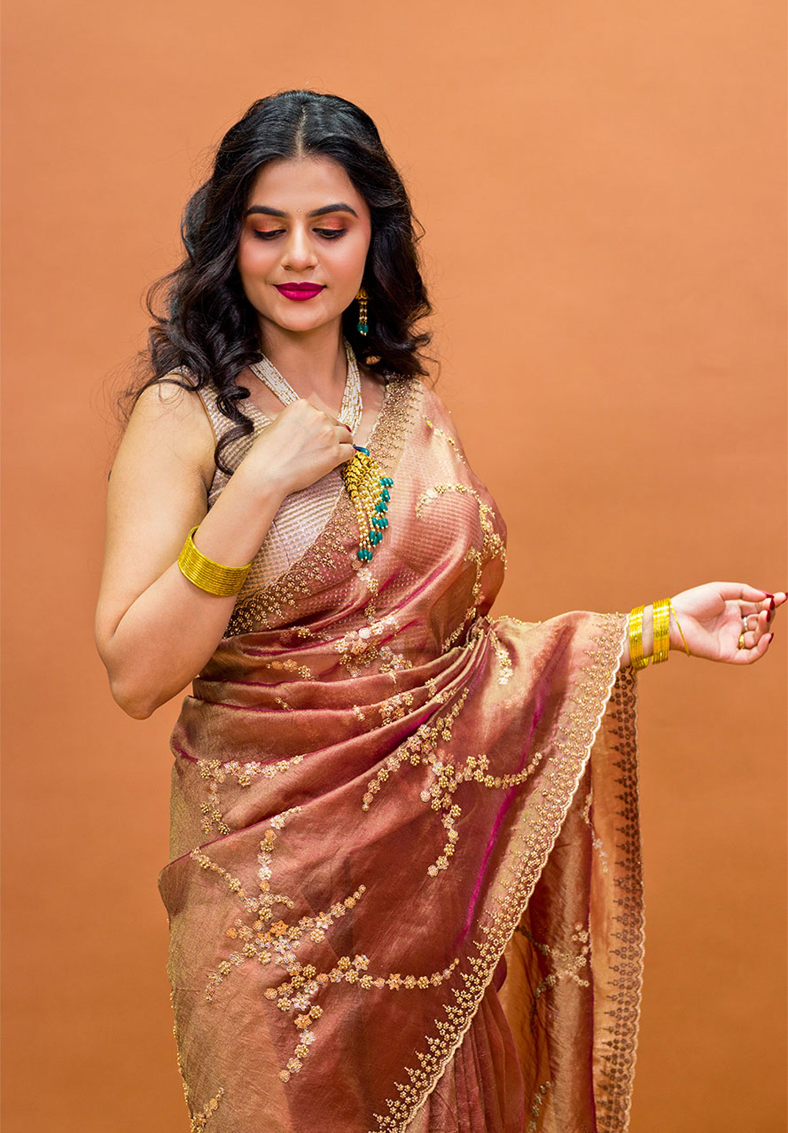 Women’s Woven Design Pure Organza Saree With Blouse Piece- Brown