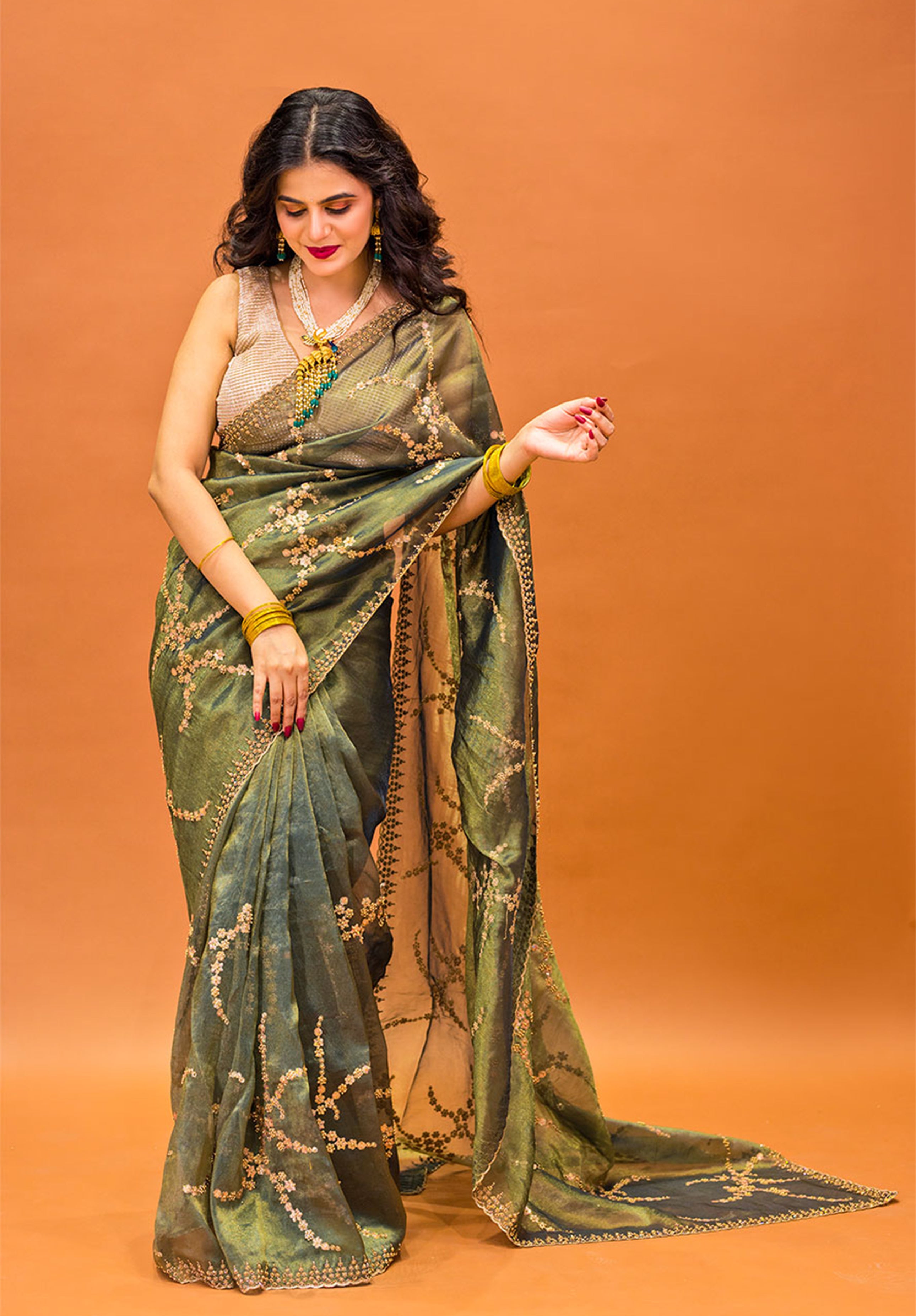 Women’s Woven Design Pure Organza Saree With Blouse Piece- Green