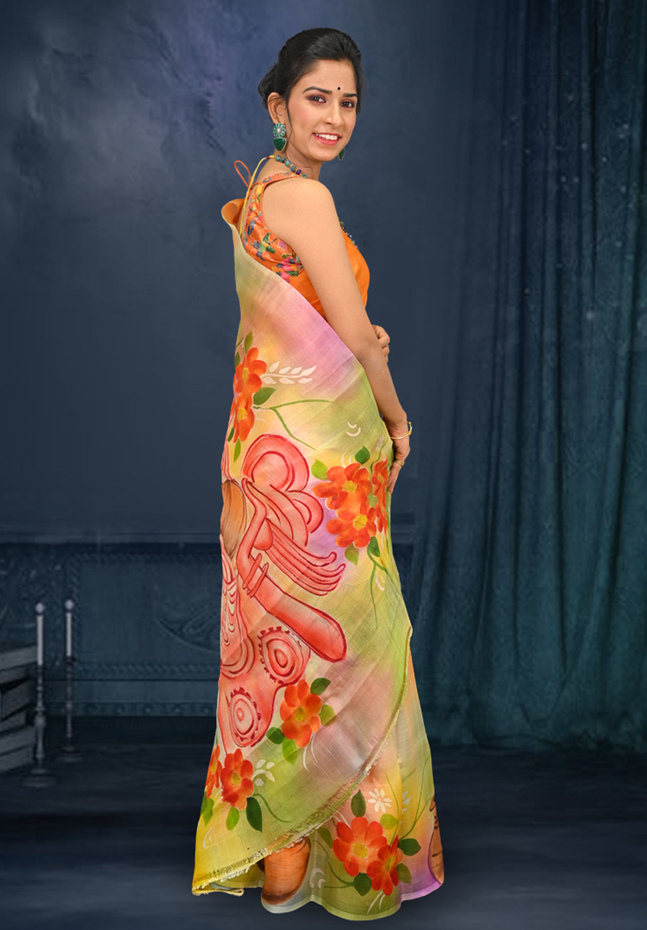 Pure silk handpaint Kalamkari Saree With Blouse Piece – Mustard