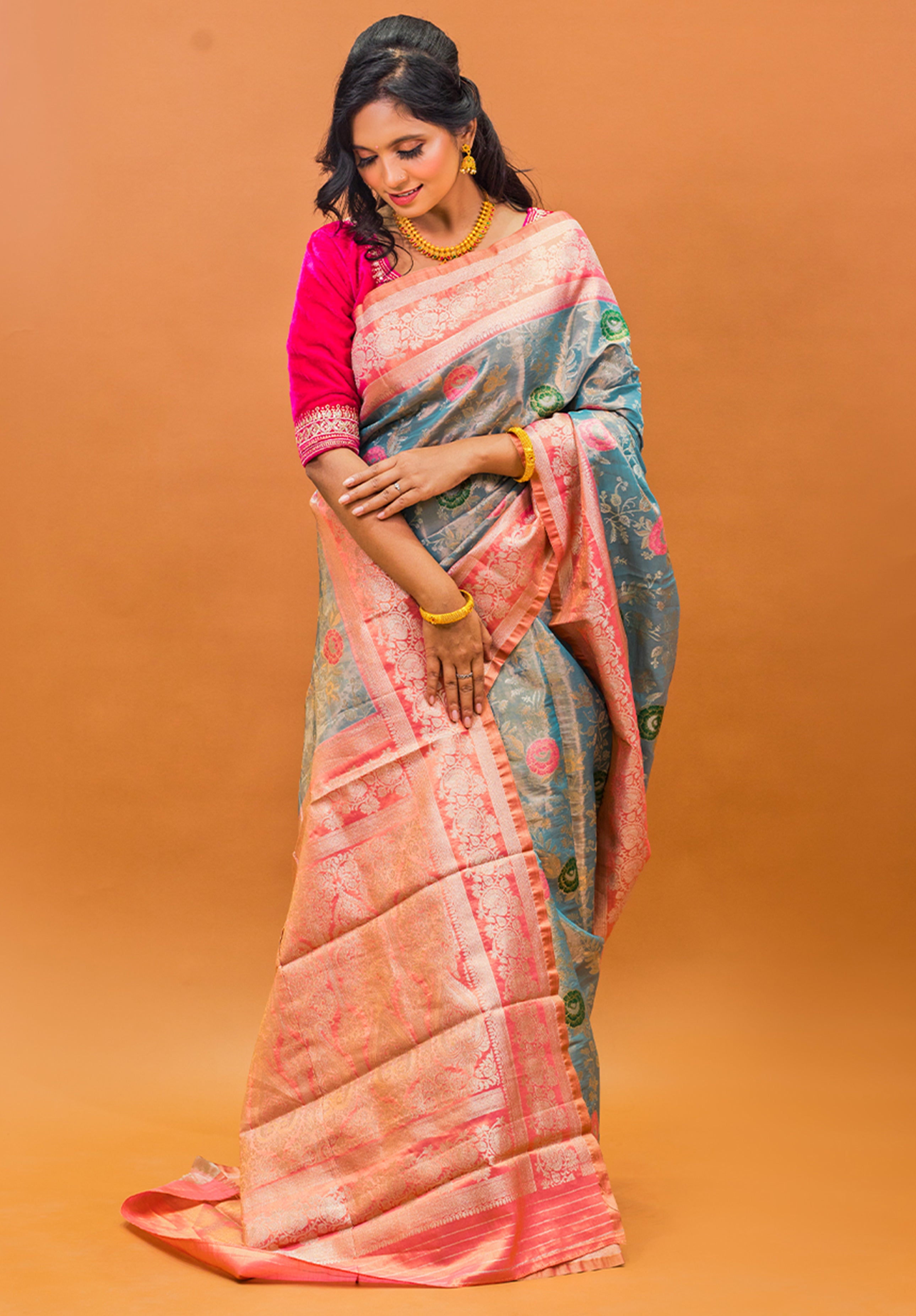 Pure Tissue Kanjivaram Silk Saree With Blouse Piece-Gray